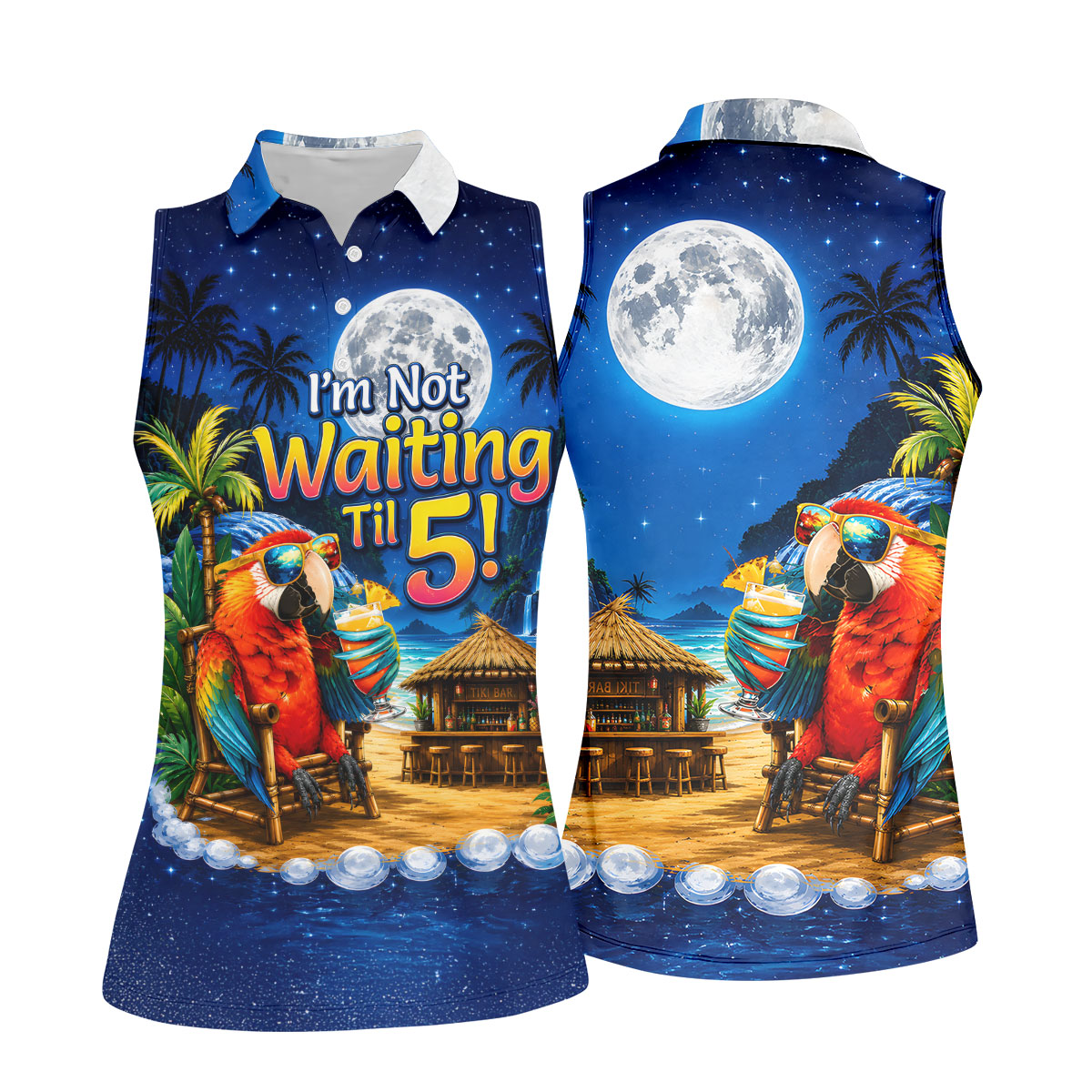 Parrot Drinking Cocktail Tiki Bar Not Waiting Til 5 Golf Shirt, Women’s Golf Polo, Golf Tops For Women, Printed Golf Shirt