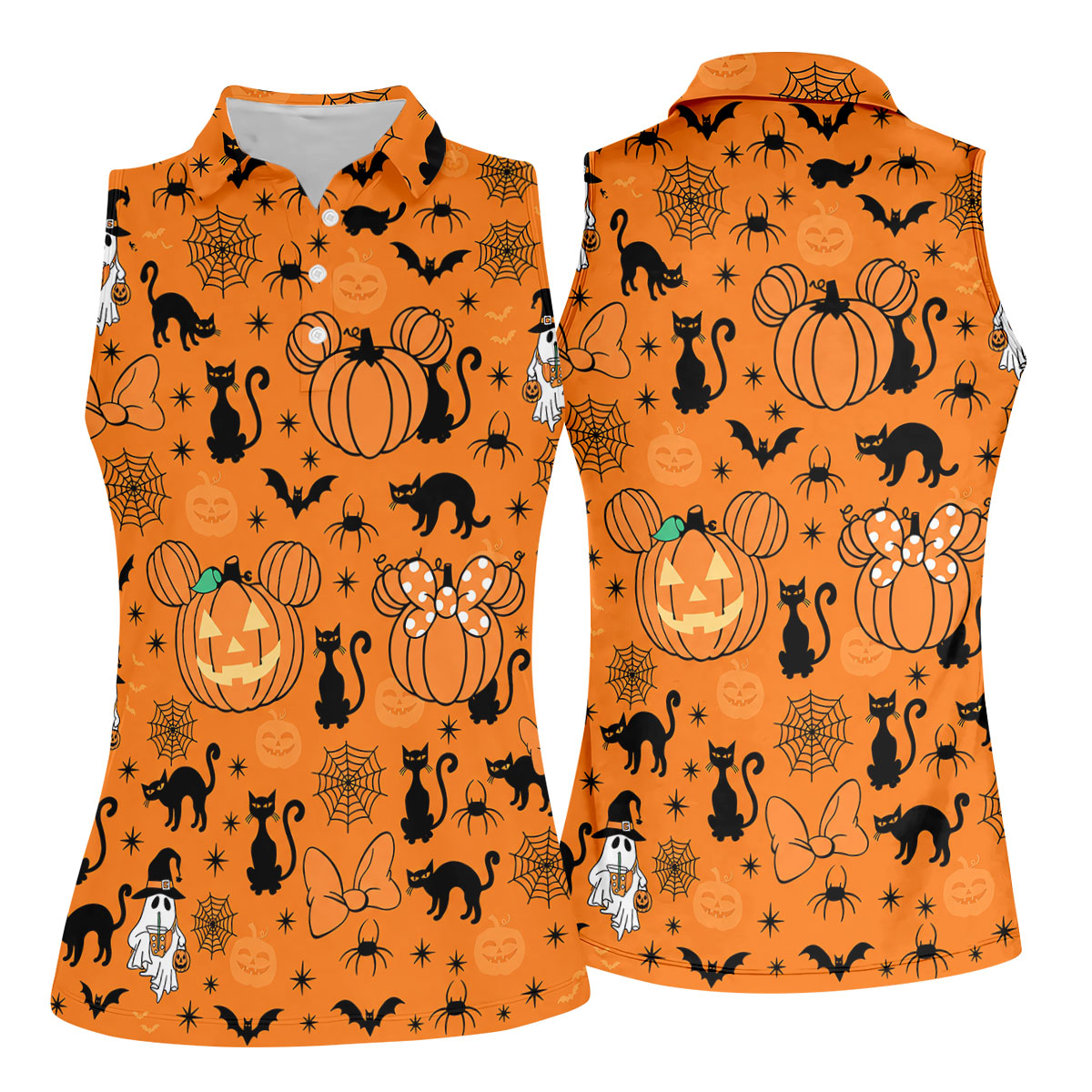 Black Cat and Pumpkin Halloween Polo Shirt, Golf Polo Apparel, Womens Golf Outfit