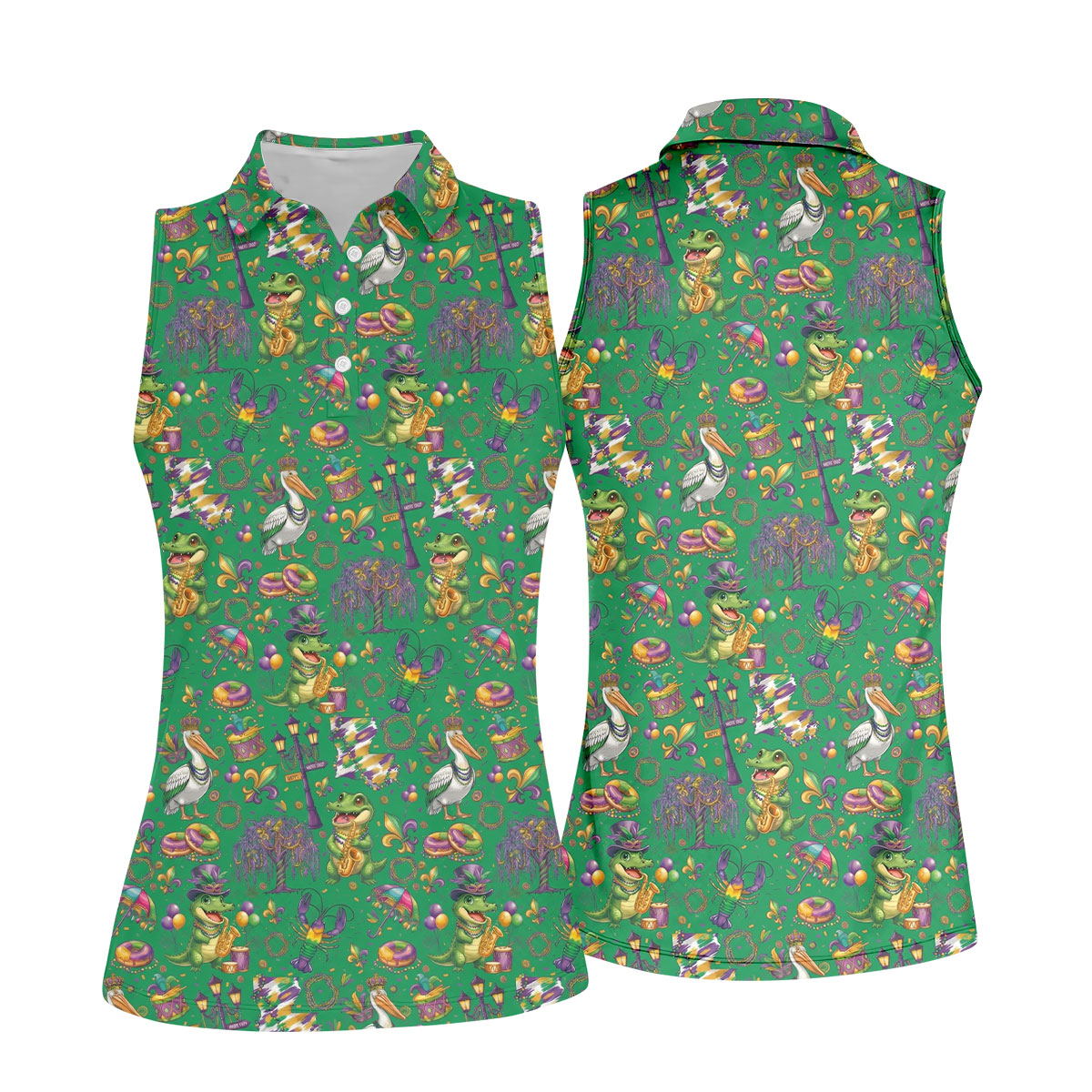 Mardi Gras Fleur De Lis Animal Band Green Golf Shirt, Women's Golf Shirts, Ladies Golf Polos