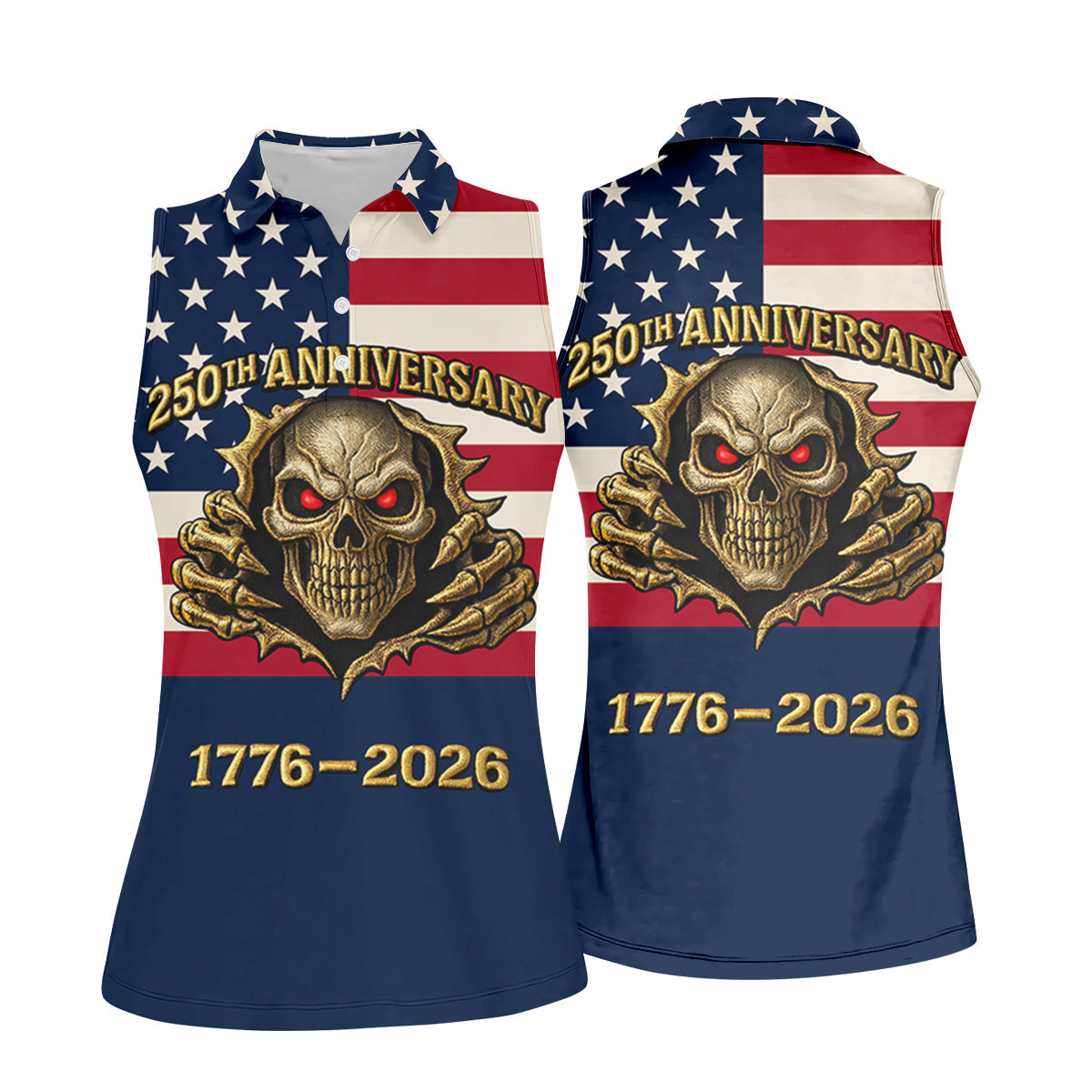 Patriotic American Flag Cool Skull 250th Anniversary Women's Golf Tops, Ladies Golf Shirts, Golf Gift For Ladies