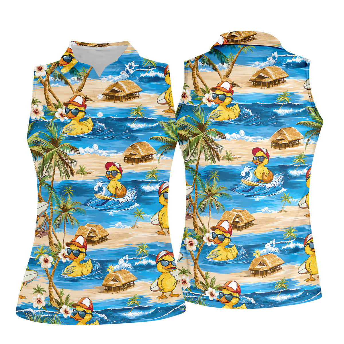 Cool Duck Hawaiian Golf Shirt, Surfing Duck Beach Women's Golf Polo, Polo Shirts For Women