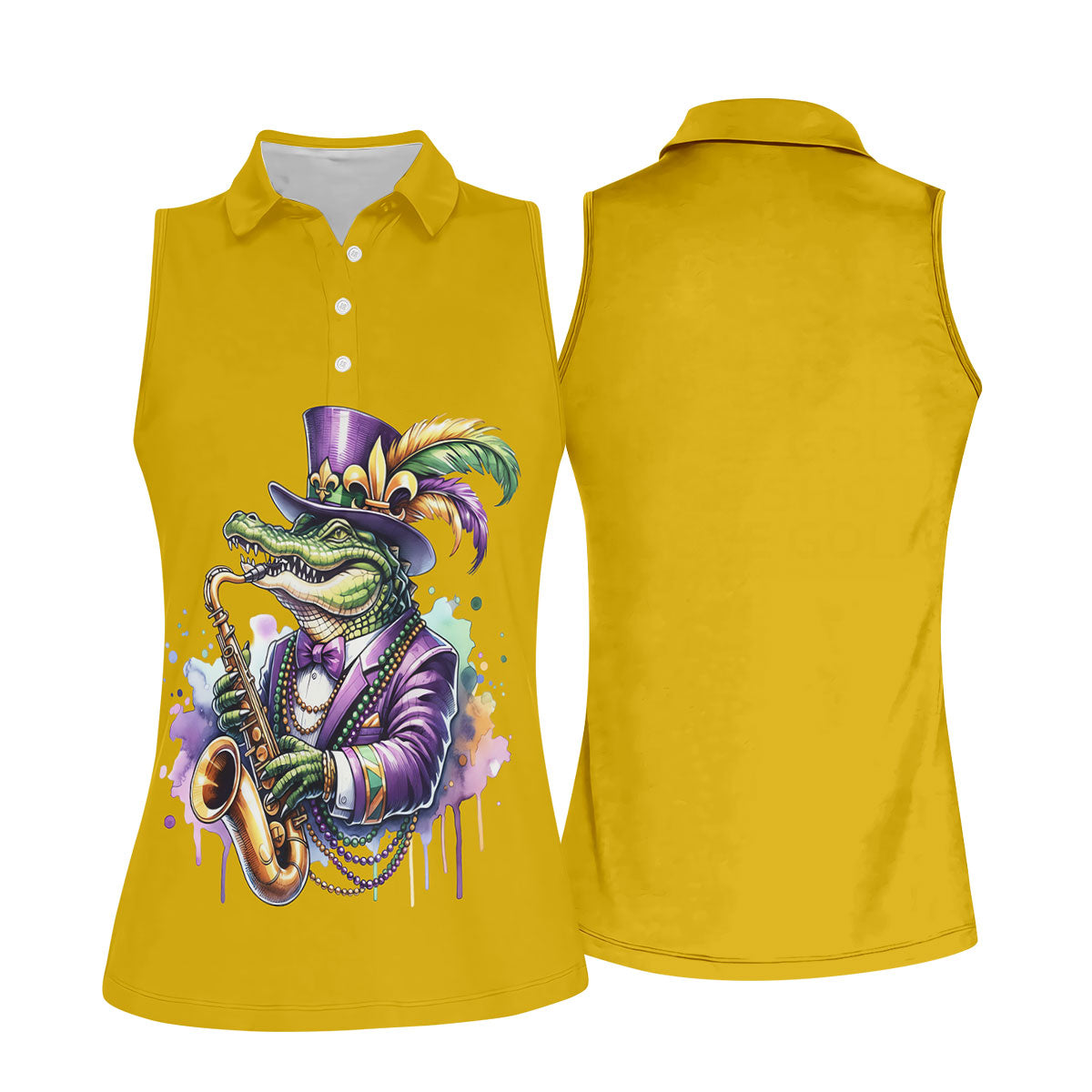 Mardi Gras Alligator Playing Saxophone Yellow Golf Shirt, Women's Golf Tops, Ladies Golf Shirt