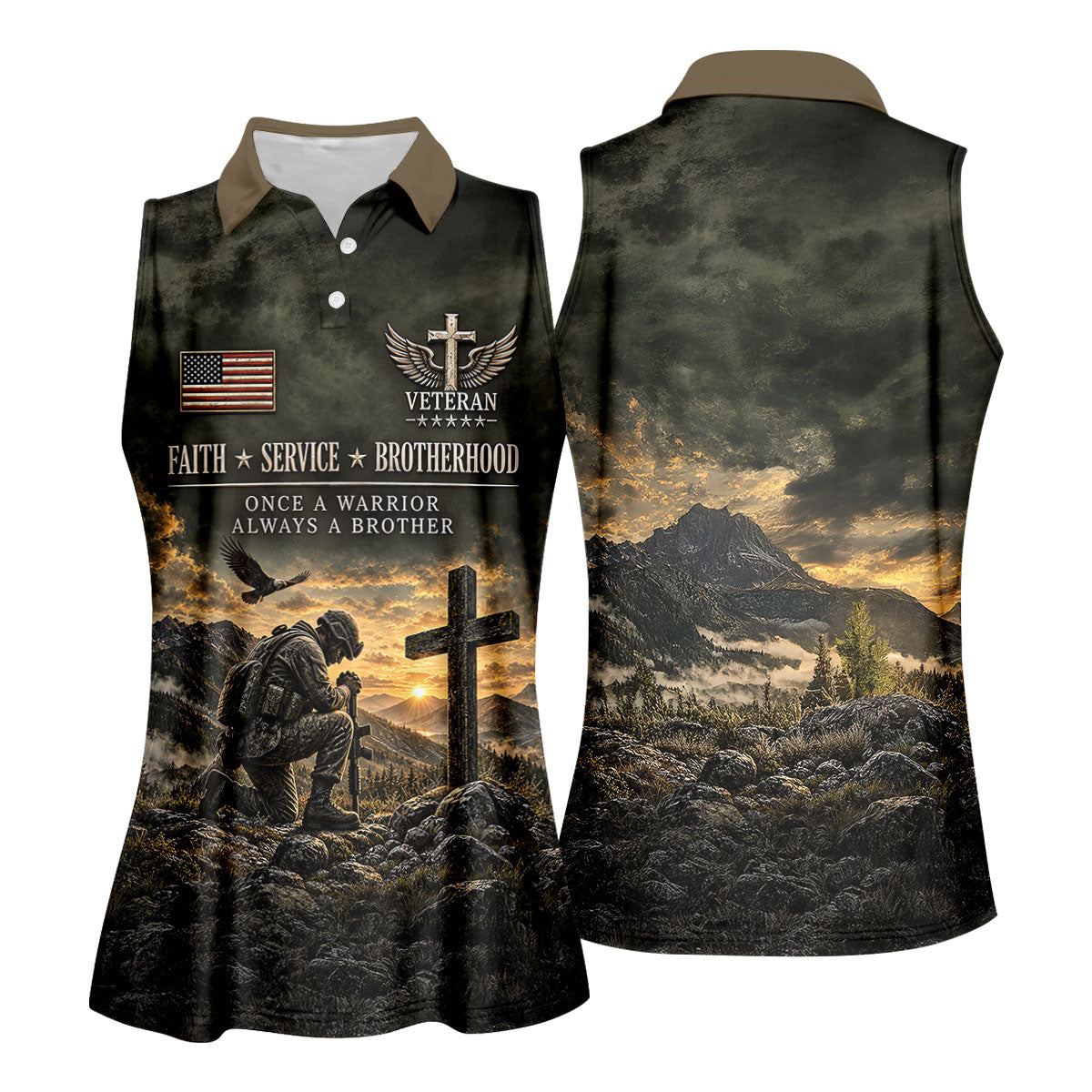 Veterans Day Praying Soldier Cross Polo Shirt, Golf Tops For Women, Ladies Golf Tops