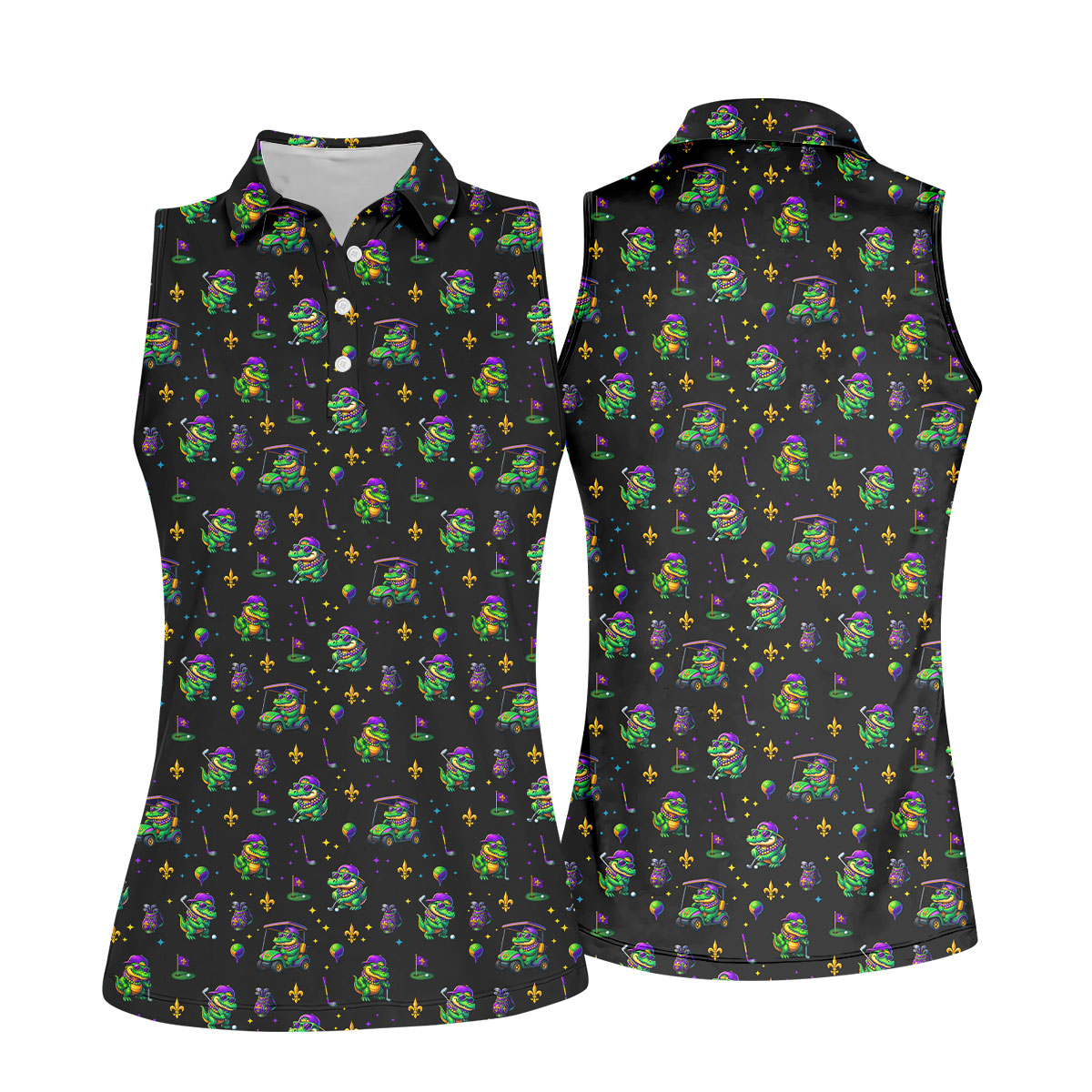 Funny Crocodile Mardi Gras Golf Shirts, Black Golf Shirt, Festive Women Golf Top, Ladies Golf Shirts