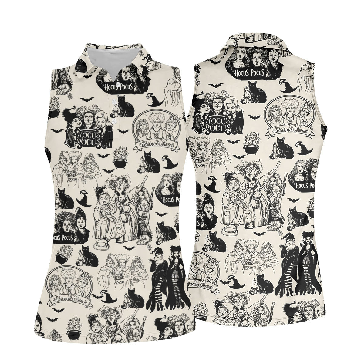 Witch Sisters Black Cat Halloween Polo Shirt, Golf Tops For Women, Women’s Golf Apparel