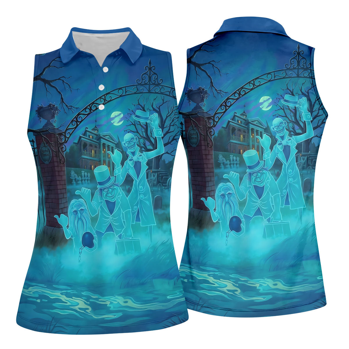 Ghost Trio At Haunted House Gate Halloween Polo Shirt, Women’s Golf Polo, Ladies Golf Top
