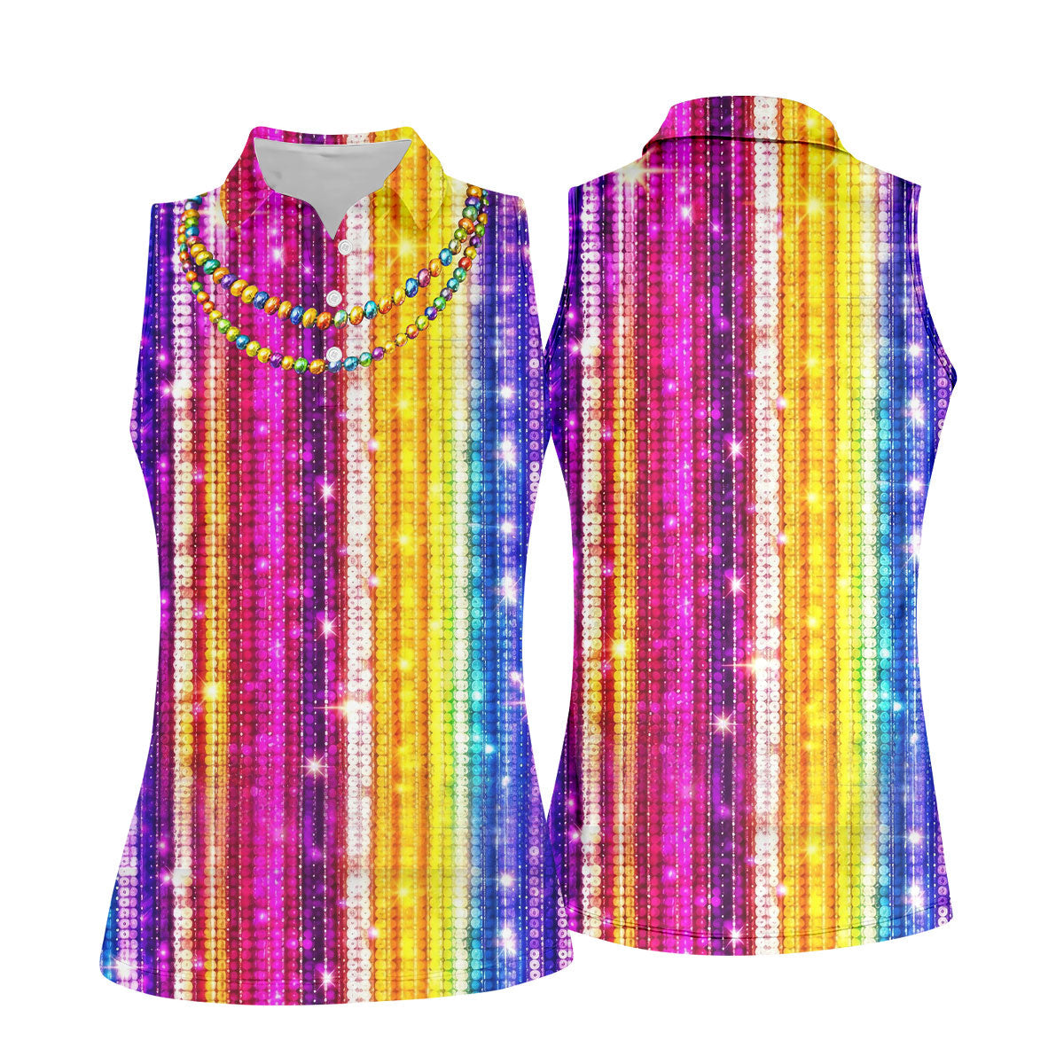 Mardi Gras Sequinned Glitter Print Women's Golf Shirts, Ladies Golf Polos, Golf Shirt For Women