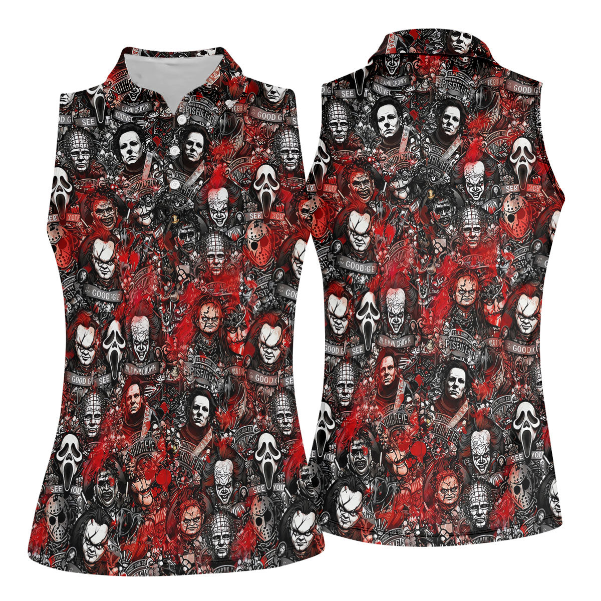 Red Horror Character Collage Halloween Golf Shirt, Women's Golf Polo, Printed Golf Shirt