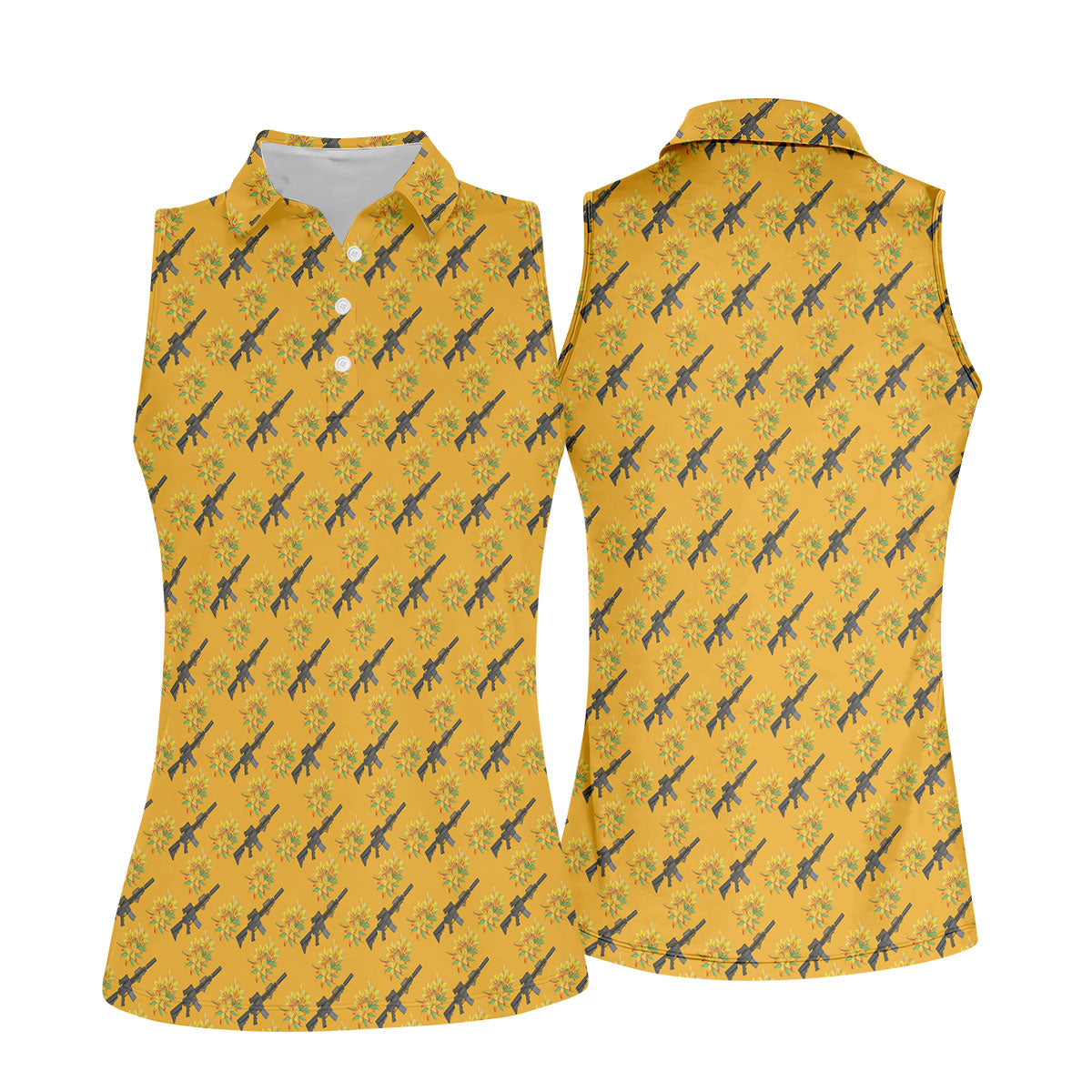 Gun And Flower Yellow Lily Flower Seamless Pattern Yellow Golf Shirt, Women's Golf Tops, Ladies Golf Shirt