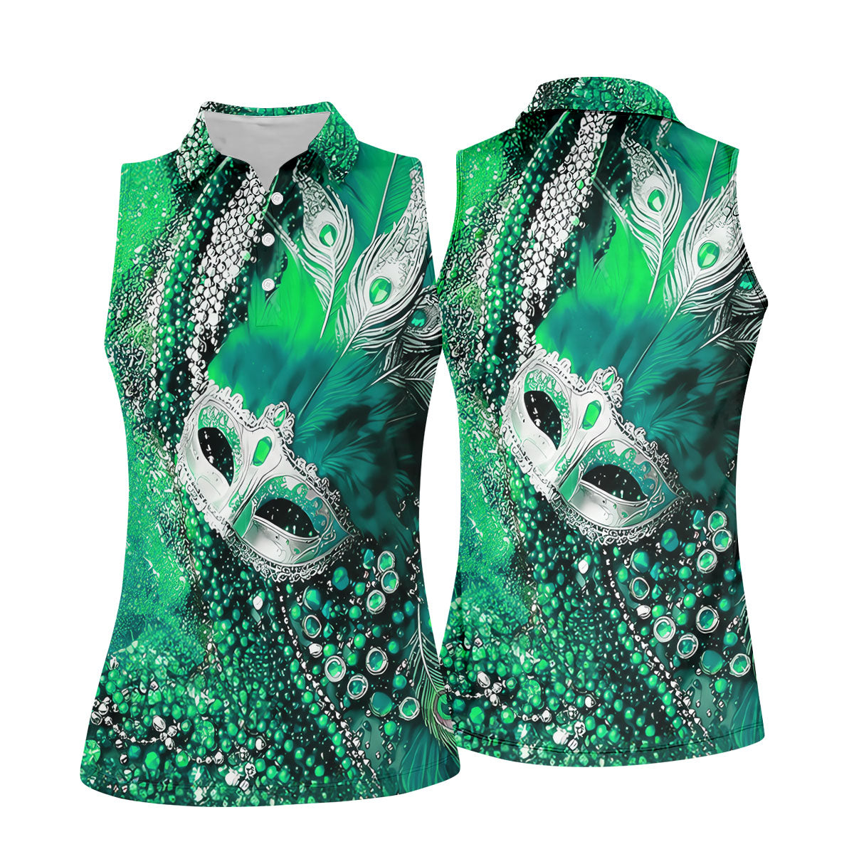 Mardi Gras Masquerade Mask Feather Beads Green Golf Shirt, Women's Golf Tops, Ladies Golf Polos