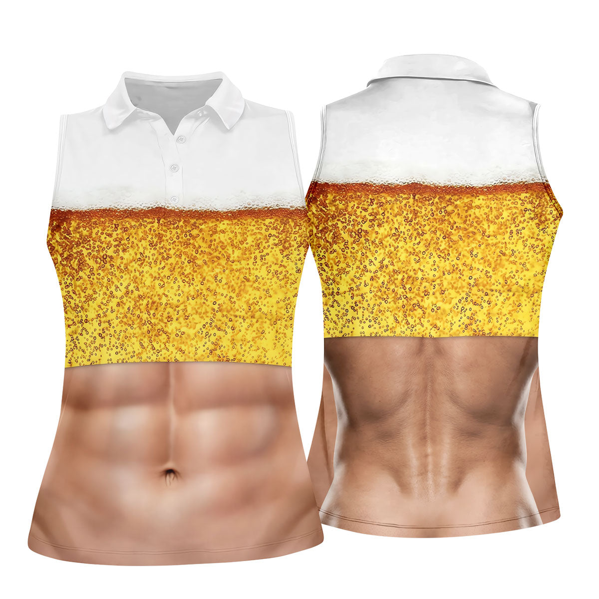 Bubbly Beer Foam Faux Abs Sleeveless Crop Golf Shirt, Golf Tops For Women, Ladies Golf Top