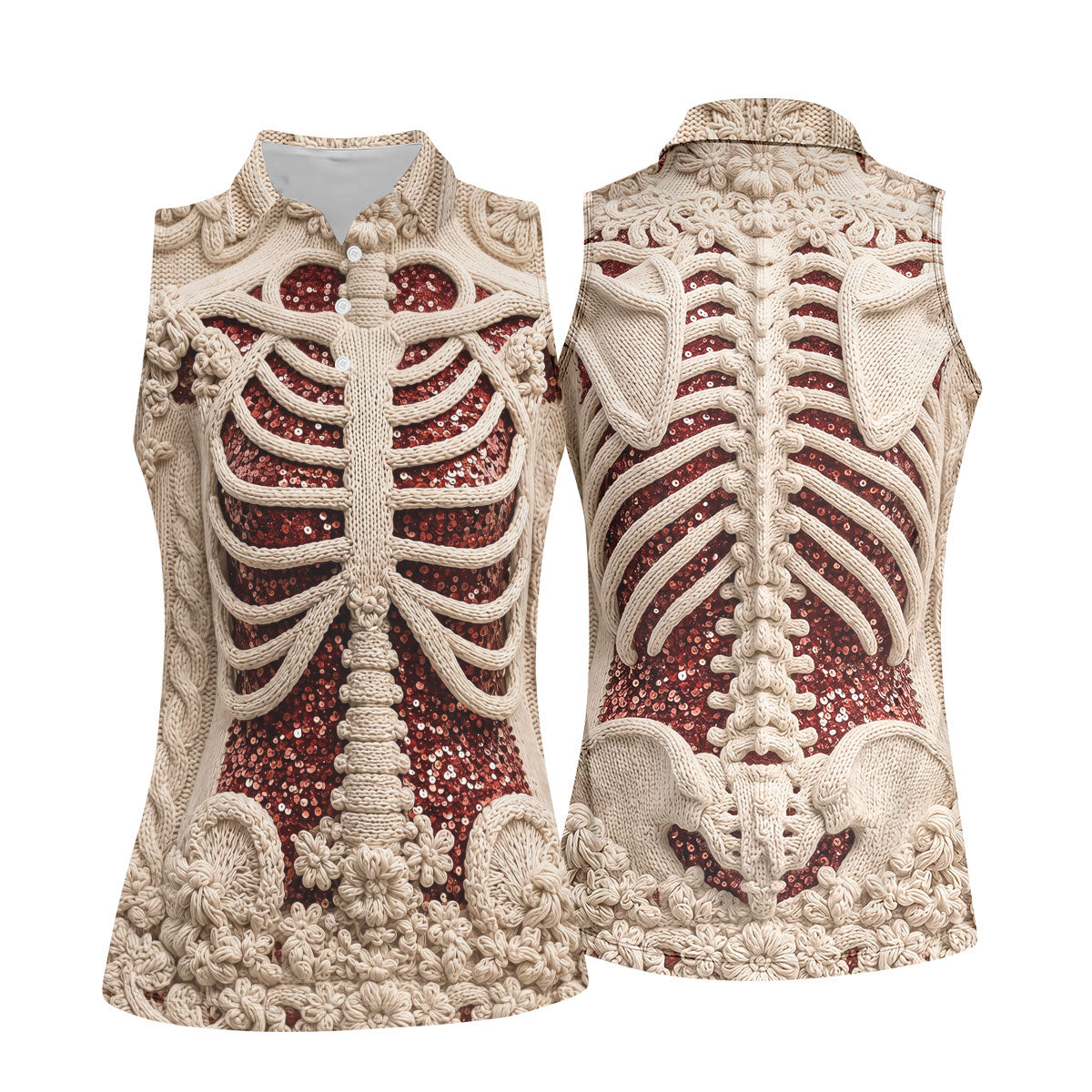 Knitted Skeleton Sequin Halloween Polo Shirt, Golf Shirts For Women, Womens Golf Tops