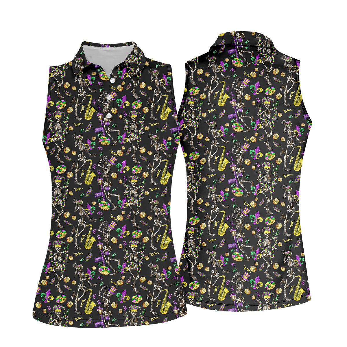 Dancing Skeleton Mardi Gras Fleur De Lis Black Golf Shirt, Women's Golf Tops, Ladies Golf Polos