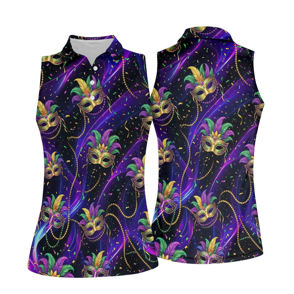 Mardi Gras Carnival Mask Neon Purple Black Golf Shirt, Women's Golf Tops, Ladies Golf Shirts