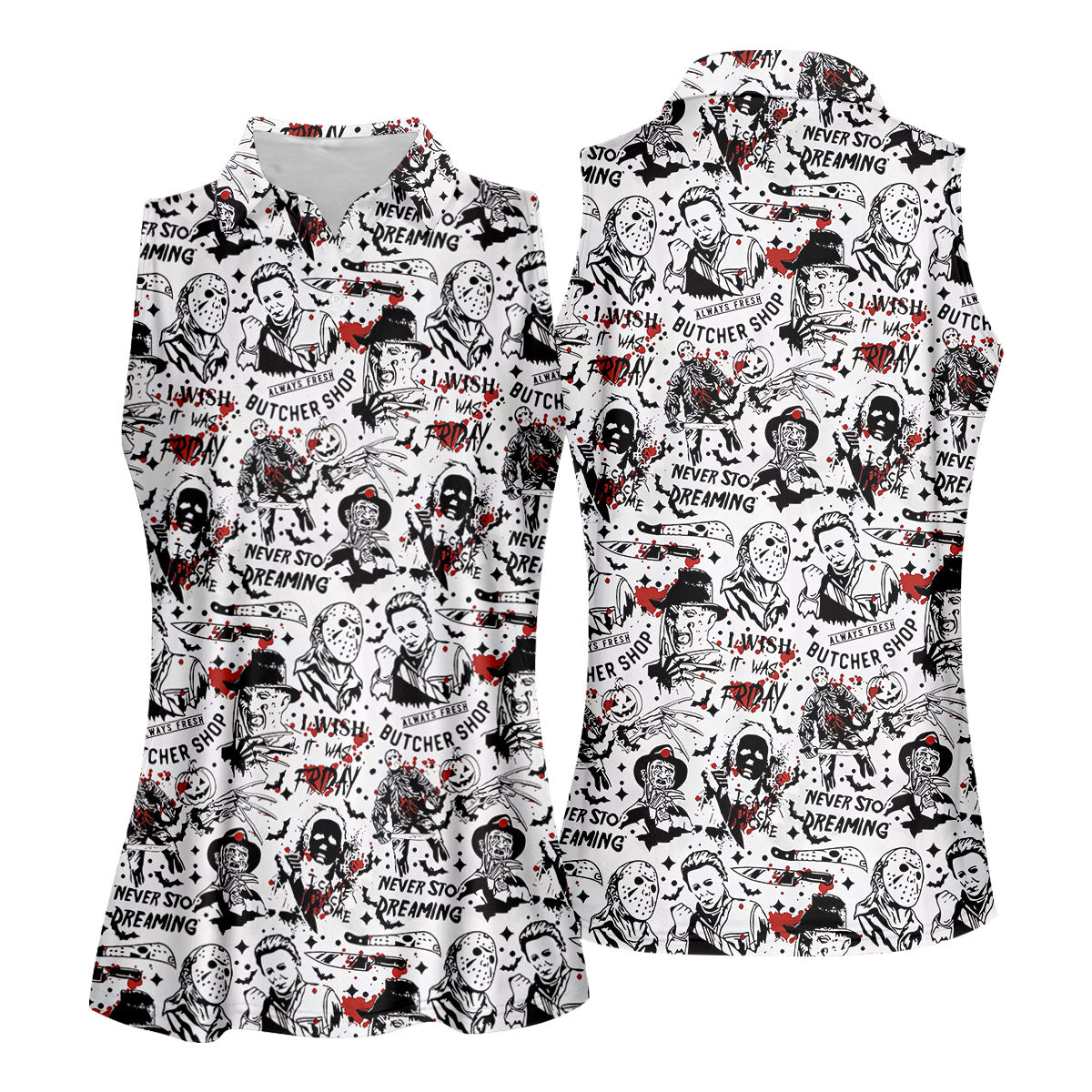 Classic Horror Character Collage Halloween Polo Shirt, Ladies Golf Shirt, Womens Golf Tops