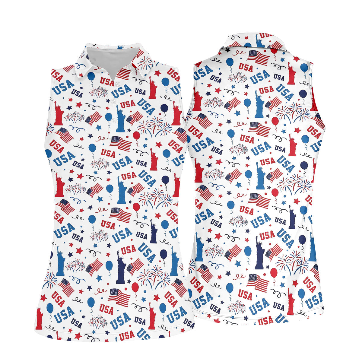 USA Red White Blue Seamless Pattern White Golf Shirt, 250th Anniversary Patriotic 4th Of July Golf Shirt For Women