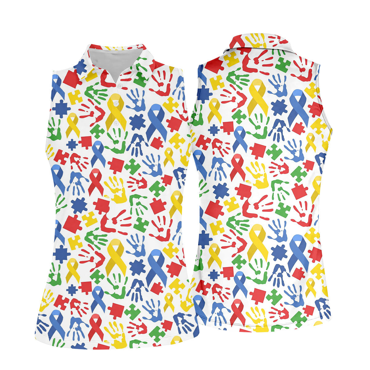 Autism Ribbon Colorful Puzzle Pieces Handprints Ladies Golf Shirts, Golf Shirt For Women, Ladies Golf Polos