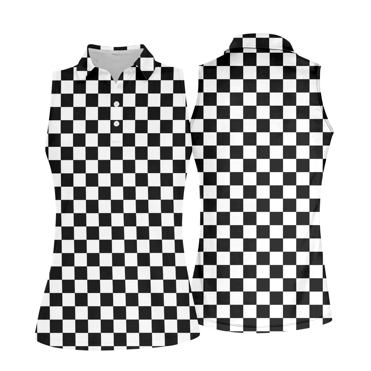 Black White Checkerboard Racing Pattern Golf Shirt, Ladies Golf Shirts, Golf Polo For Women, Performance Golf Shirt
