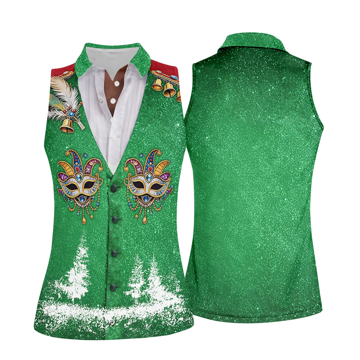 Masquerade Mask Feather Mardi Gras Glitter Print Green Golf Shirt, Women's Golf Tops, Ladies Golf Shirts