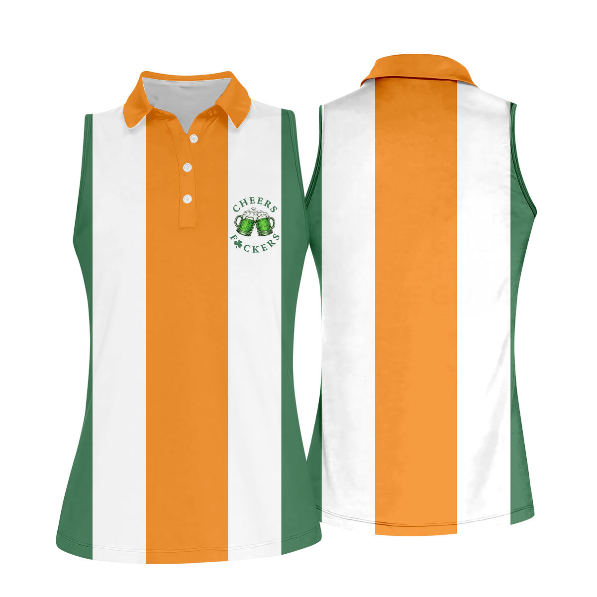 Green Orange White Vertical Stripes St Patrick's Day Golf Shirt, Women's Golf Tops, Ladies Golf Shirts