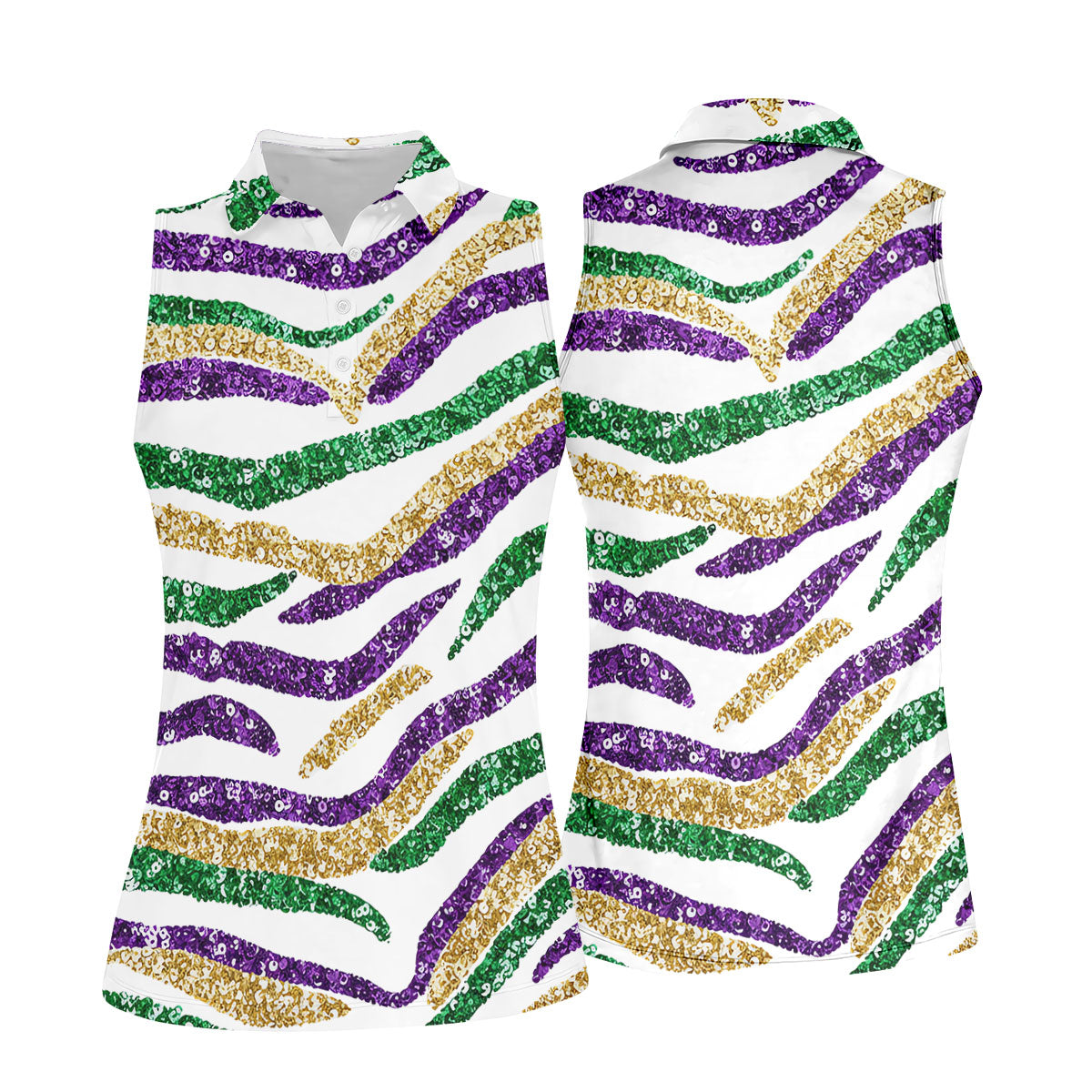 Purple Green Gold Sequin Pattern White Mardi Gras Golf Shirt, Women's Golf Tops, Ladies Golf Shirts