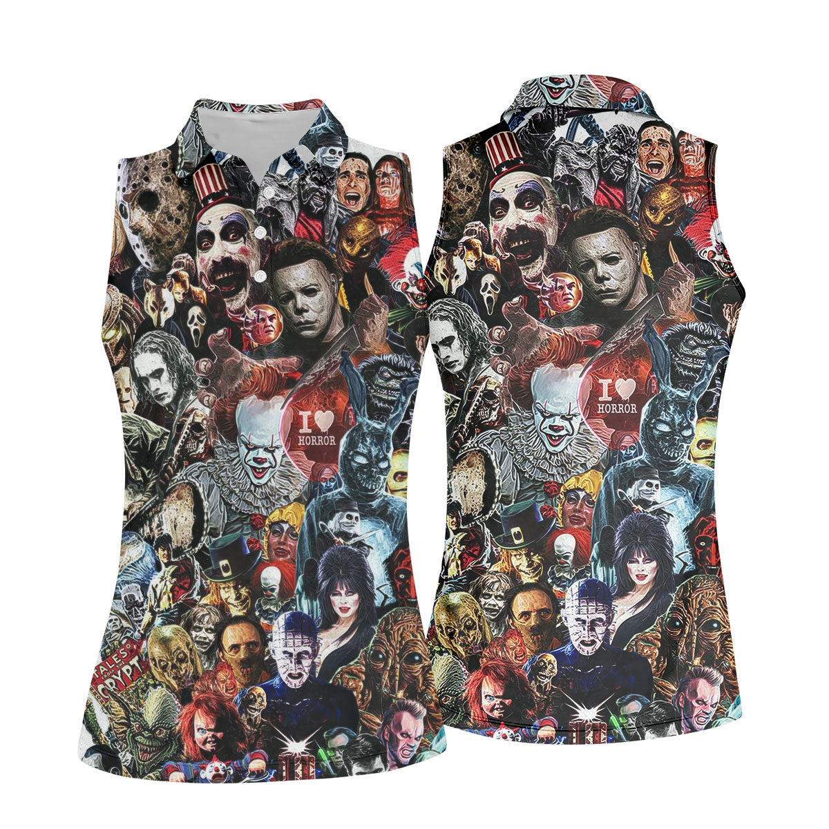 Classic Horror Icons Collage Halloween Golf Shirt, Women’s Golf Polo, Printed Golf Shirt