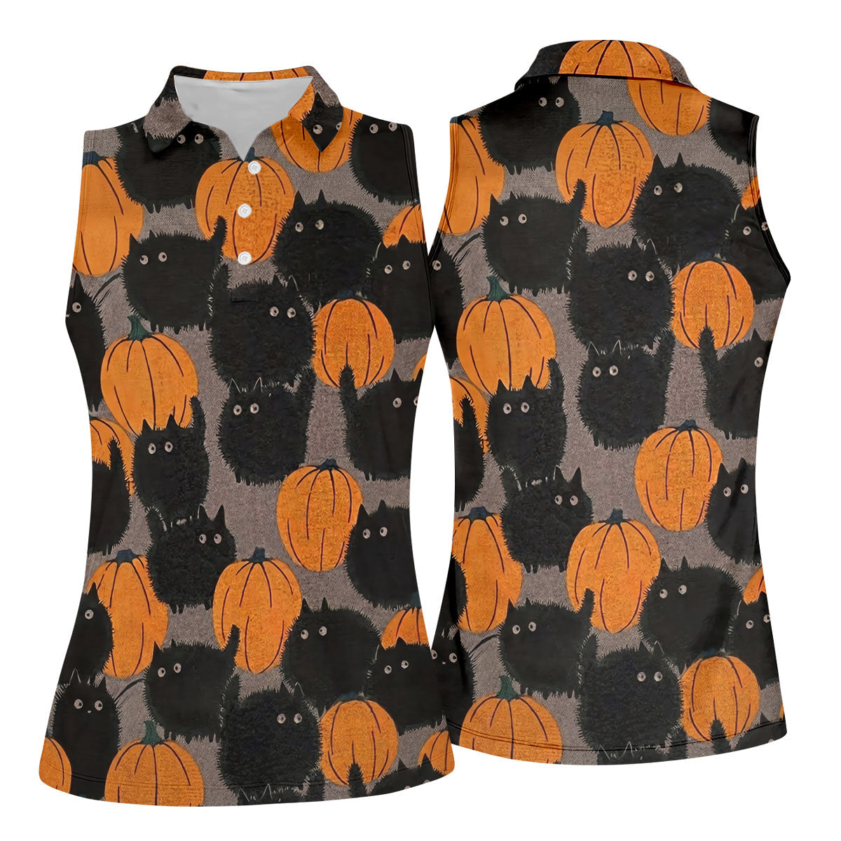 Black Cat Pumpkin Halloween Golf Polo Shirt, Women's Golf Apparel, Golf Shirts For Women