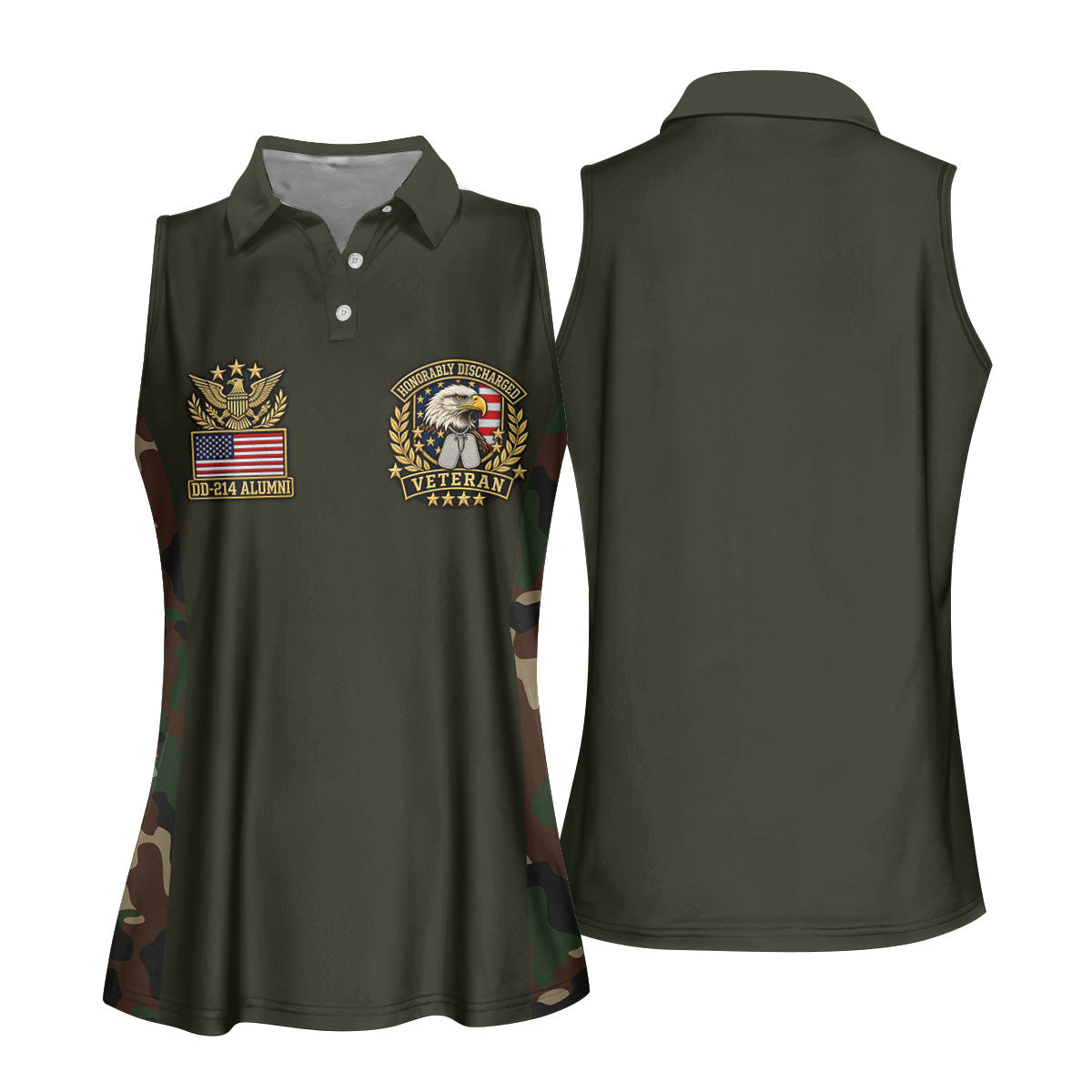 DD-214 Eagle Badge Olive Camo Polo Shirt, Women Golf Tops, Veterans Day Golf Shirt