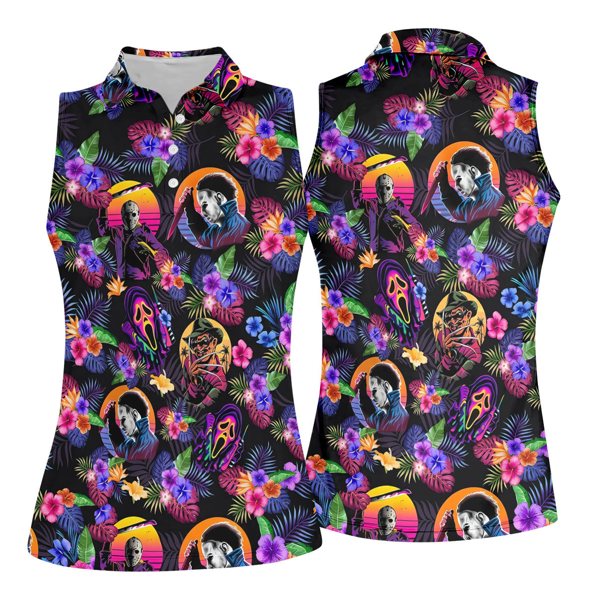 Retro Neon Horror Character Halloween Golf Shirt, Women’s Golf Polo, Printed Golf Shirt