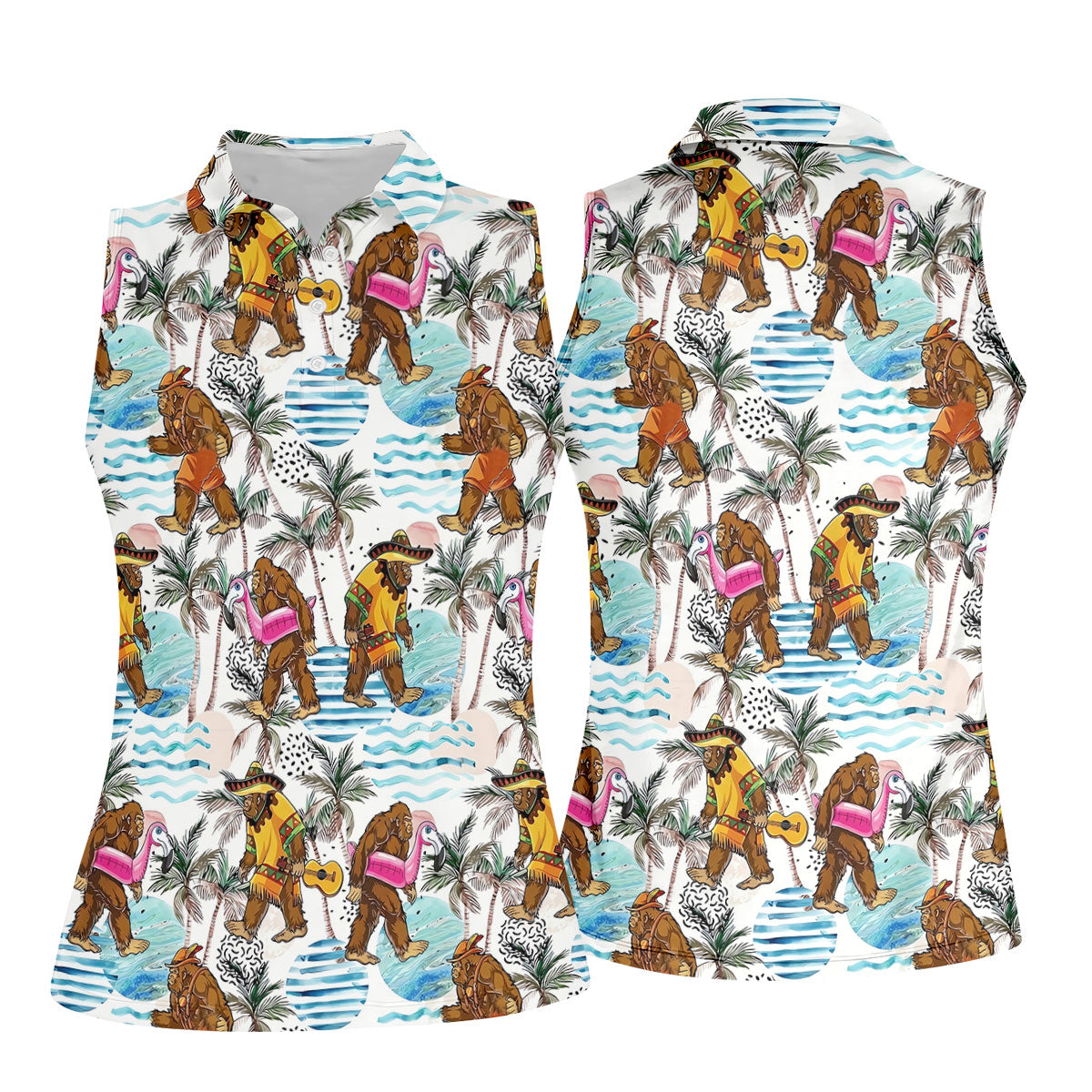 Bigfoot With Flamingo Float And Guitar Tropical Pattern Hawaiian Golf Polo, Golf Tops For Women, Golfing Apparel
