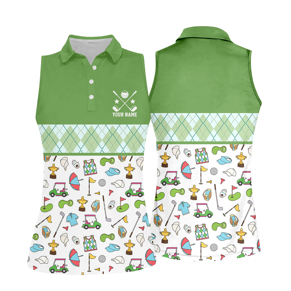 Custom Name Green Argyle Golf Icons Pattern Golf Shirt, Women’s Golf Polo, Golf Tops For Women, Printed Golf Shirt