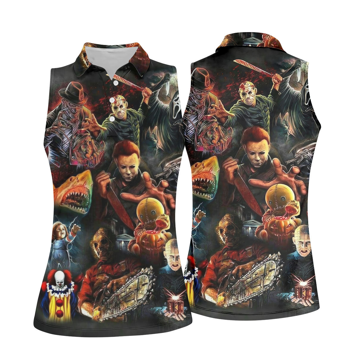 Halloween Horror Character Collage Golf Shirt, Women's Golf Polo, Printed Golf Shirt