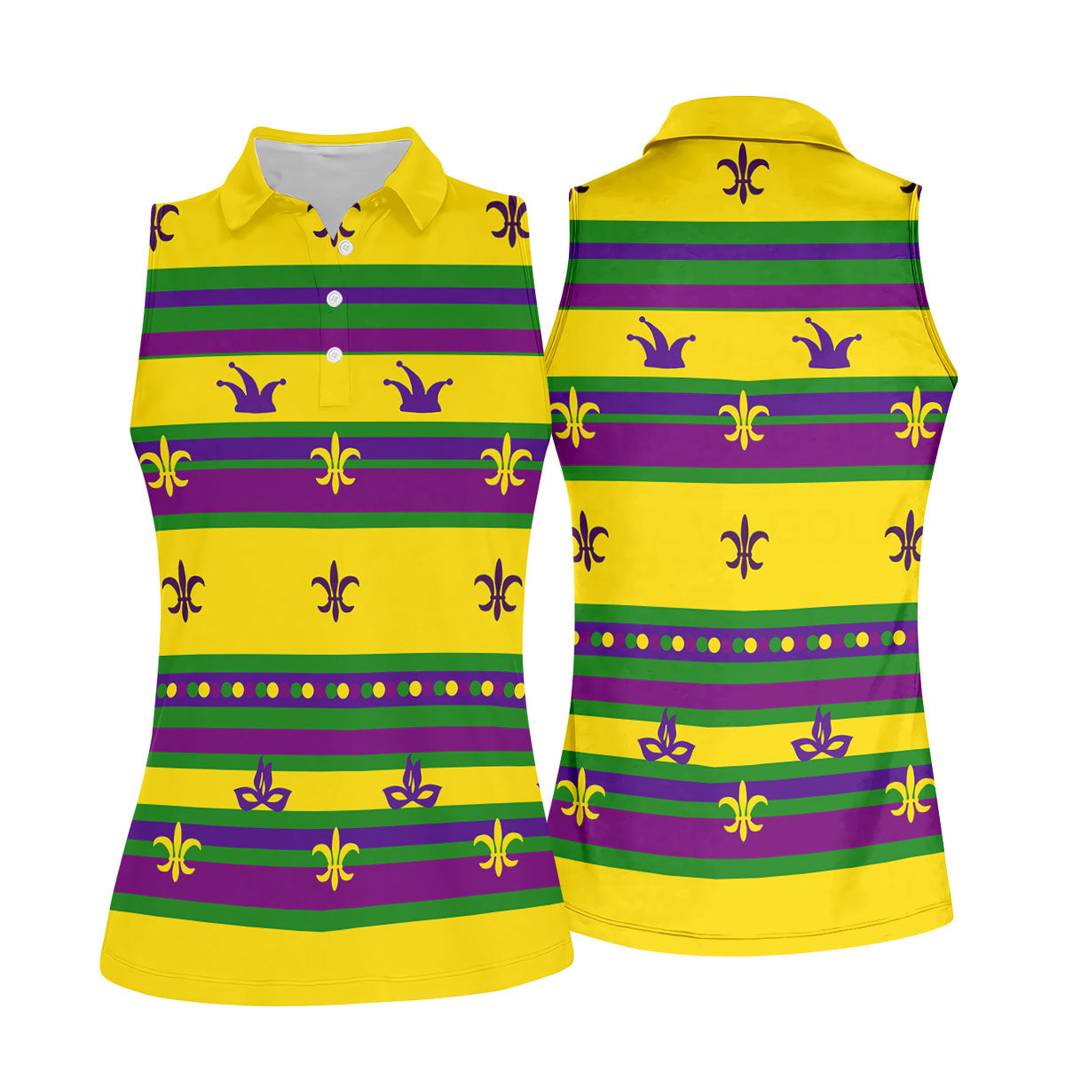 Mardi Gras Fleur De Lis Purple Green Gold Horizontal Stripes Women's Golf Shirts, Ladies Golf Polos