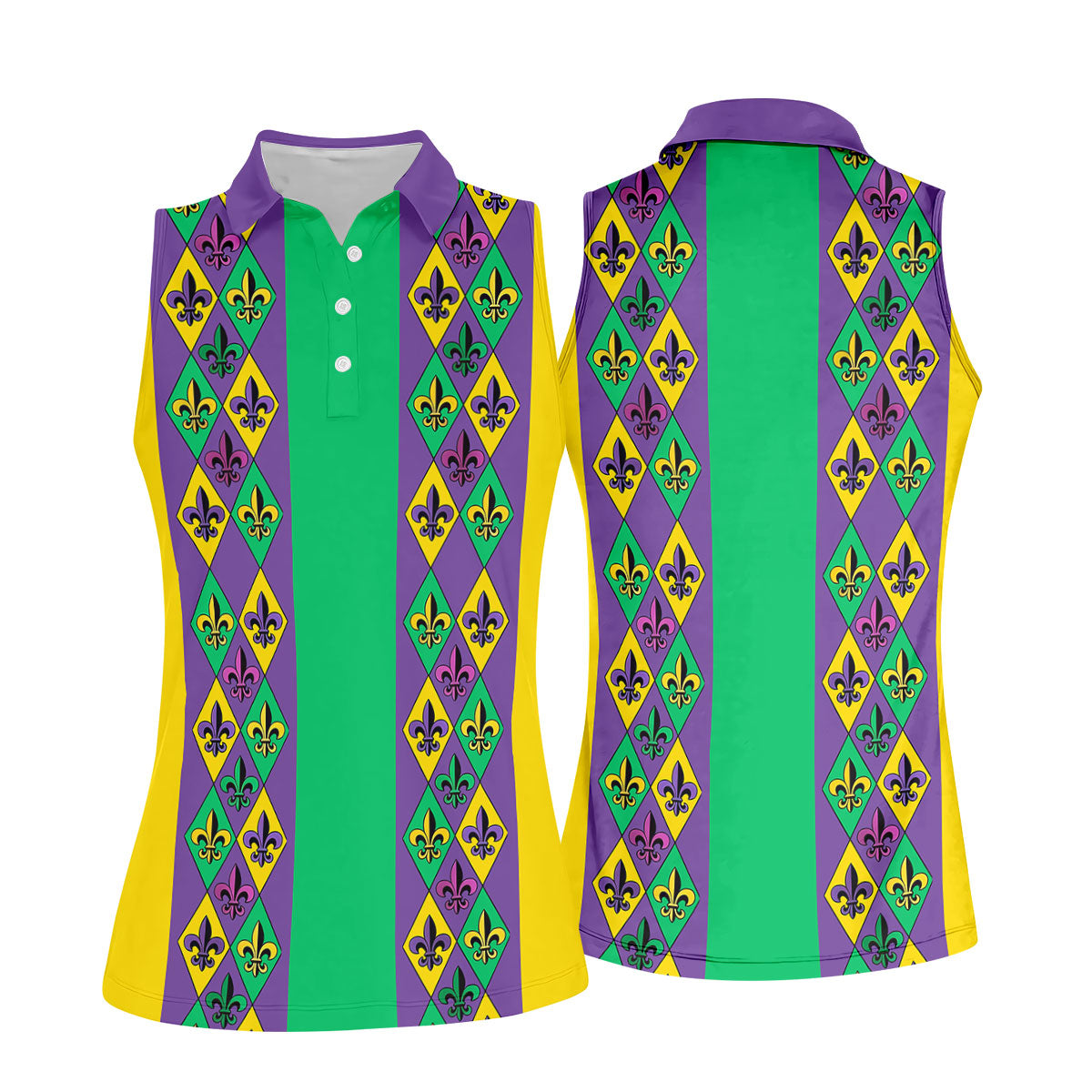 Purple Green Gold Fleur De Lis Argyle Pattern Mardi Gras Golf Shirt, Women's Golf Tops, Ladies Golf Shirt