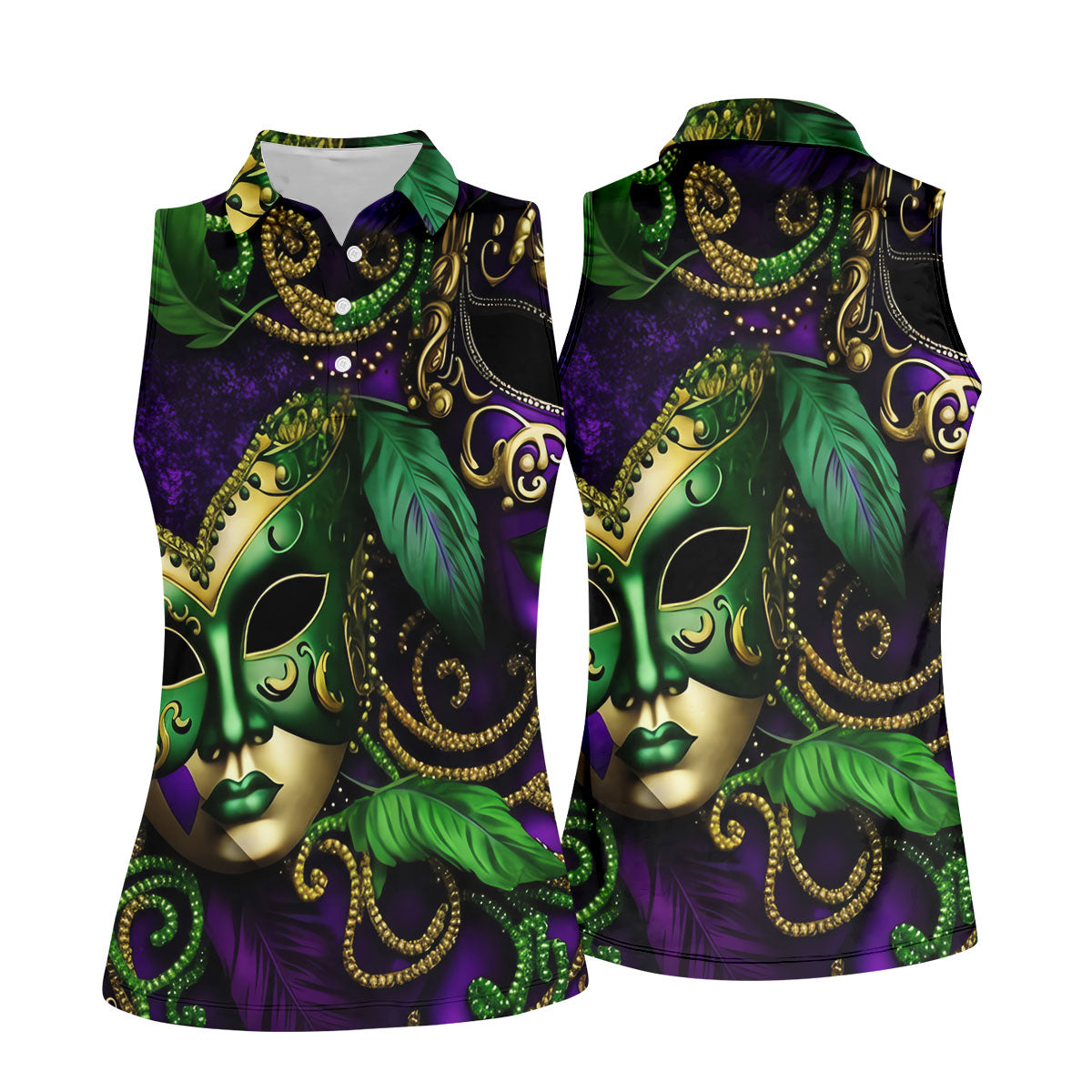Purple Green Gold Carnival Mask Feather Print Mardi Gras Golf Shirt, Women's Golf Tops, Ladies Golf Shirts