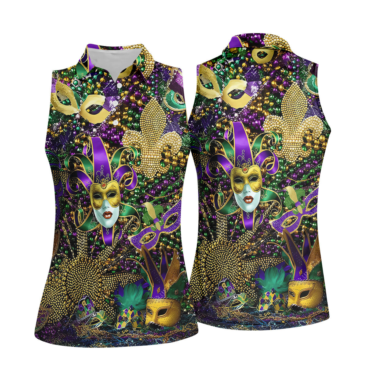 Jester Mask Purple Green Gold Fleur De Lis Beads Mardi Gras Golf Shirt, Women's Golf Tops, Ladies Golf Shirt
