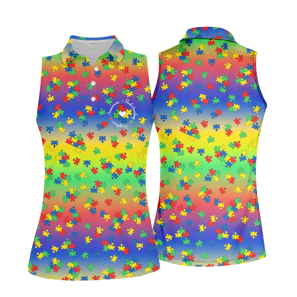 Acceptance Awareness Understanding Autism Puzzle Rainbow Gradient Women's Golf Shirts, Ladies Golf Polos