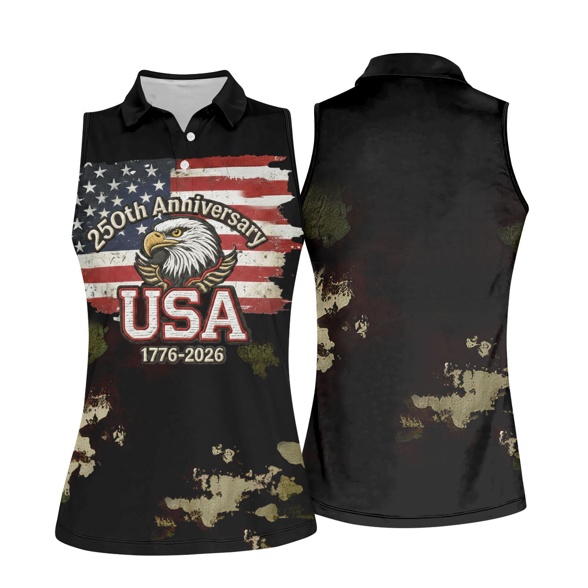 250th Anniversary USA 1776-2026 Distressed Flag Golf Shirt For Women, Patriotic 4th Of July Golf Shirt