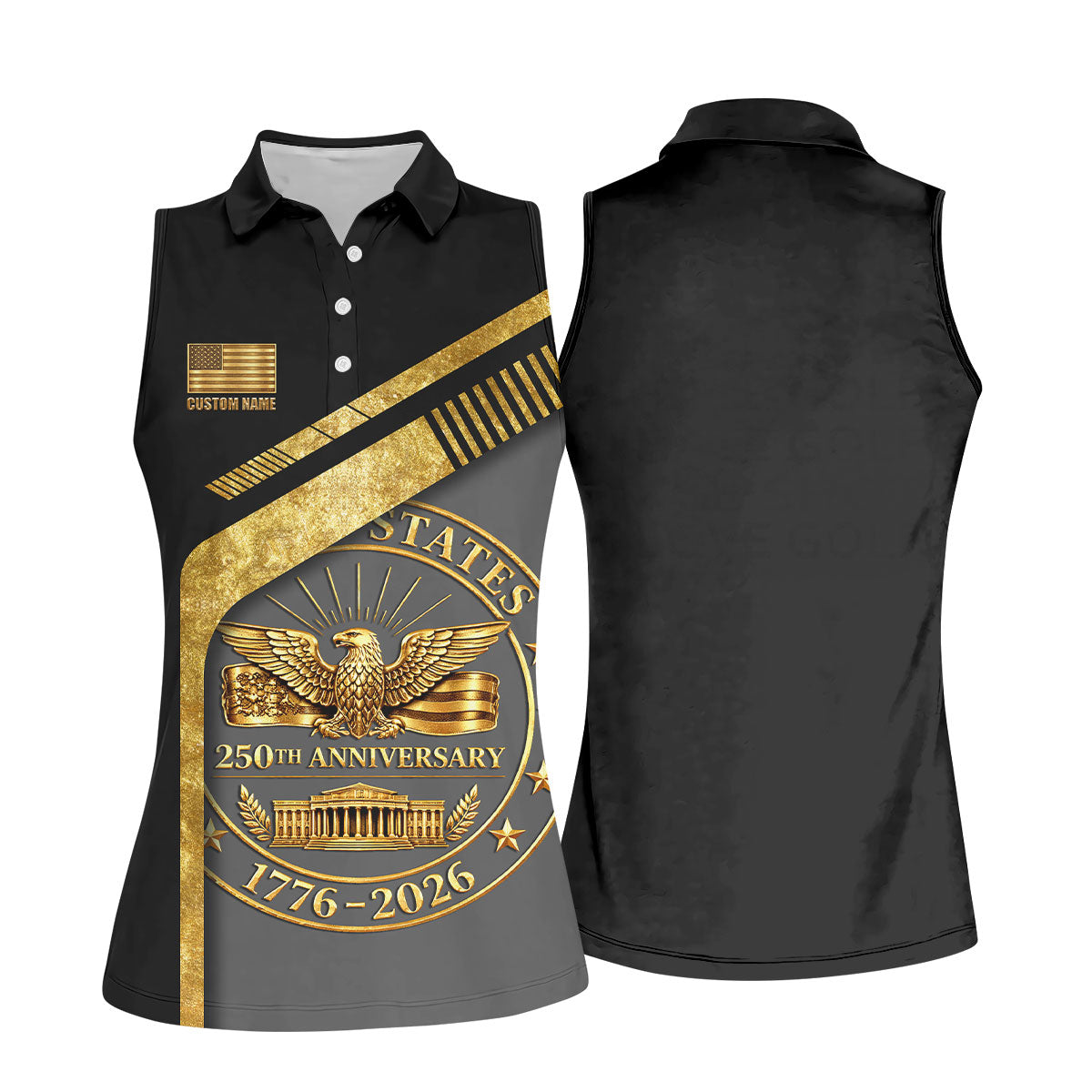 US 250th Anniversary Black And Gold Patriotic 4th Of July Golf Shirt, Custom Name Golf Shirt For Women