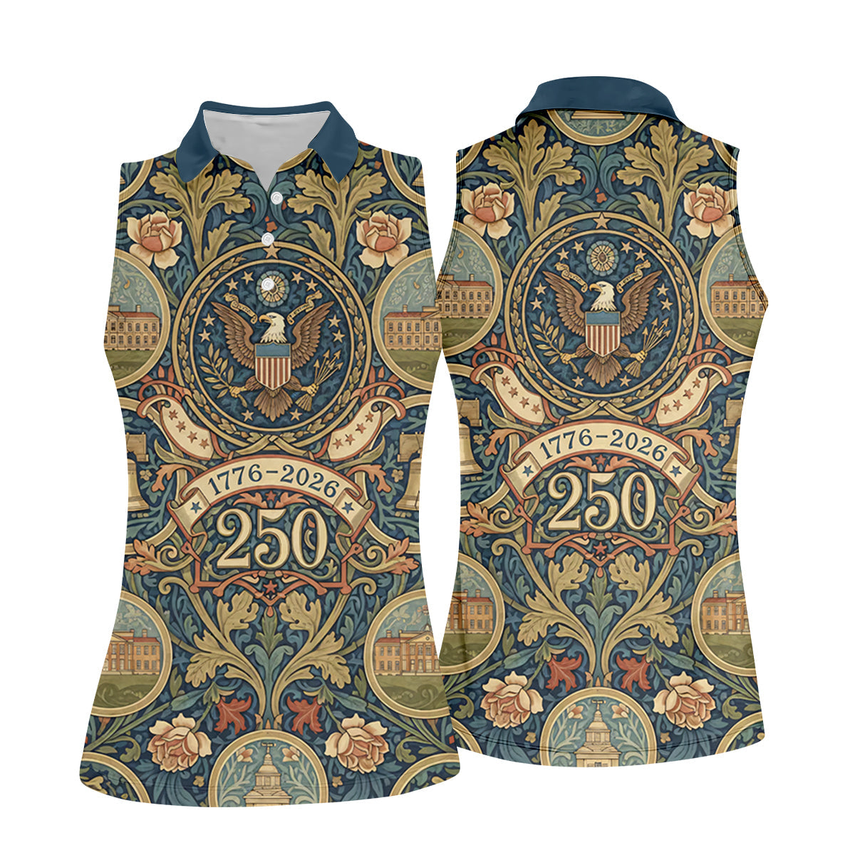 250th Anniversary Semiquincentennial American Landmarks Floral Golf Shirt, Golf Shirt For Women, Patriotic Golf Shirt