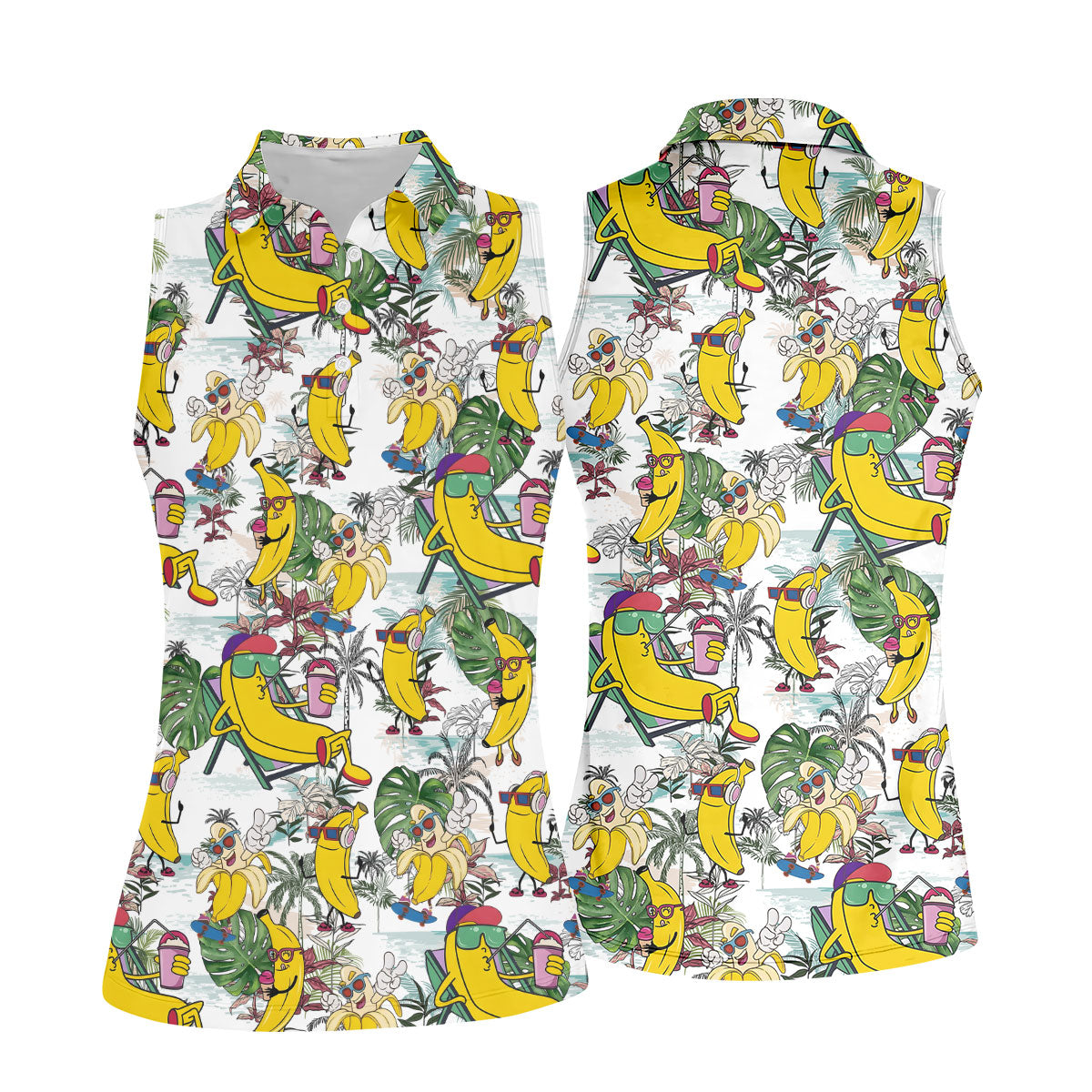 Cartoon Banana Characters on Tropical Island Hawaiian Golf Polo, Golf Tops For Women, Golfing Apparel