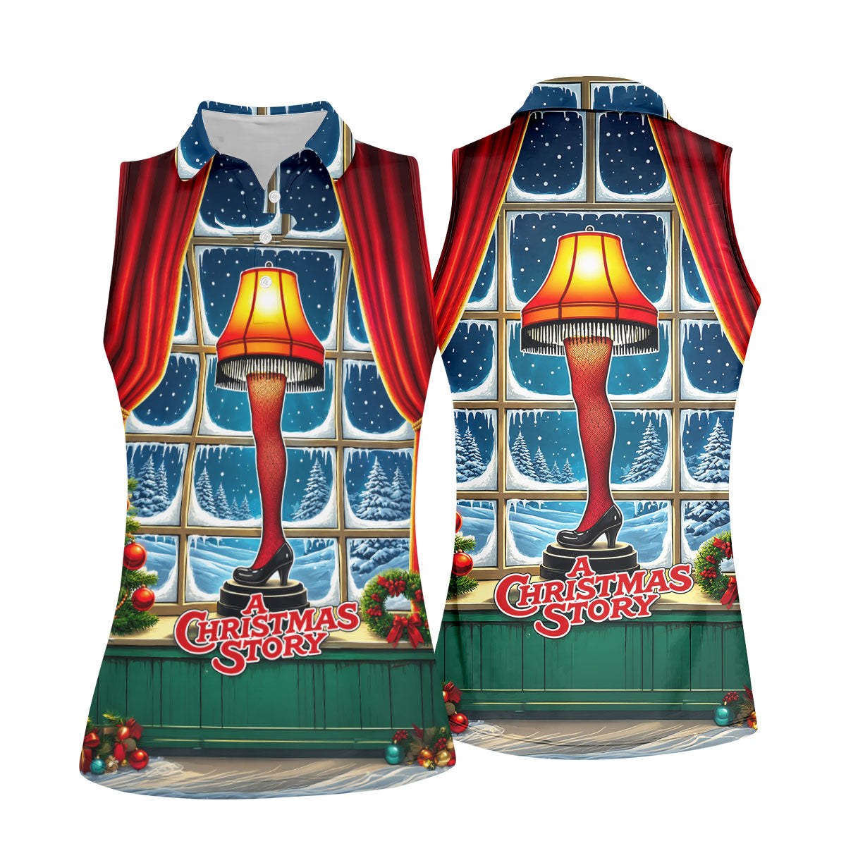 Funny Christmas Leg Lamp Window Golf Polo Shirt, Women’s Golf Polo, Golf Tops For Women