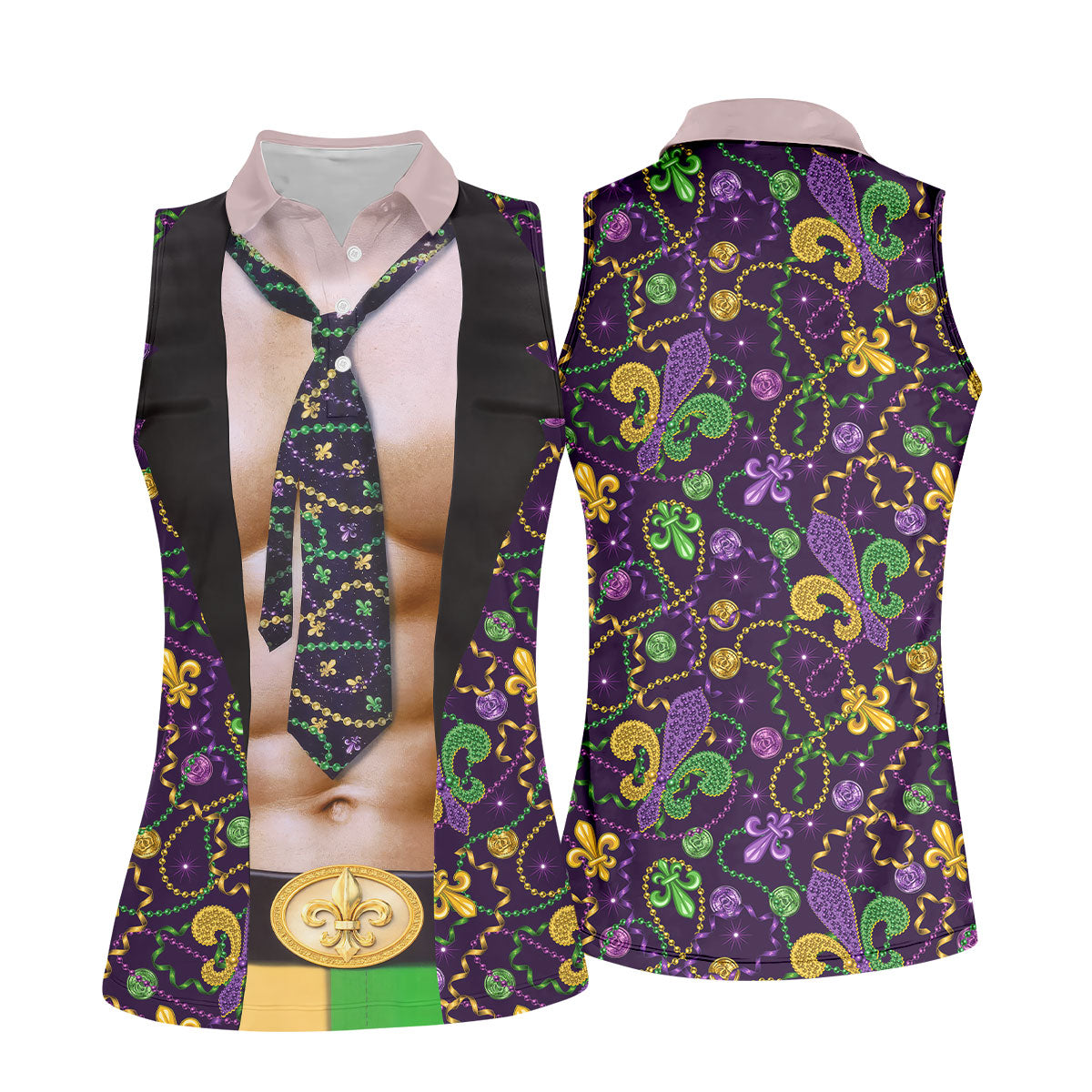 Mardi Gras Purple Green Gold Fleur De Lis Funny Costume Women's Golf Tops, Fun Women's Golf Shirts