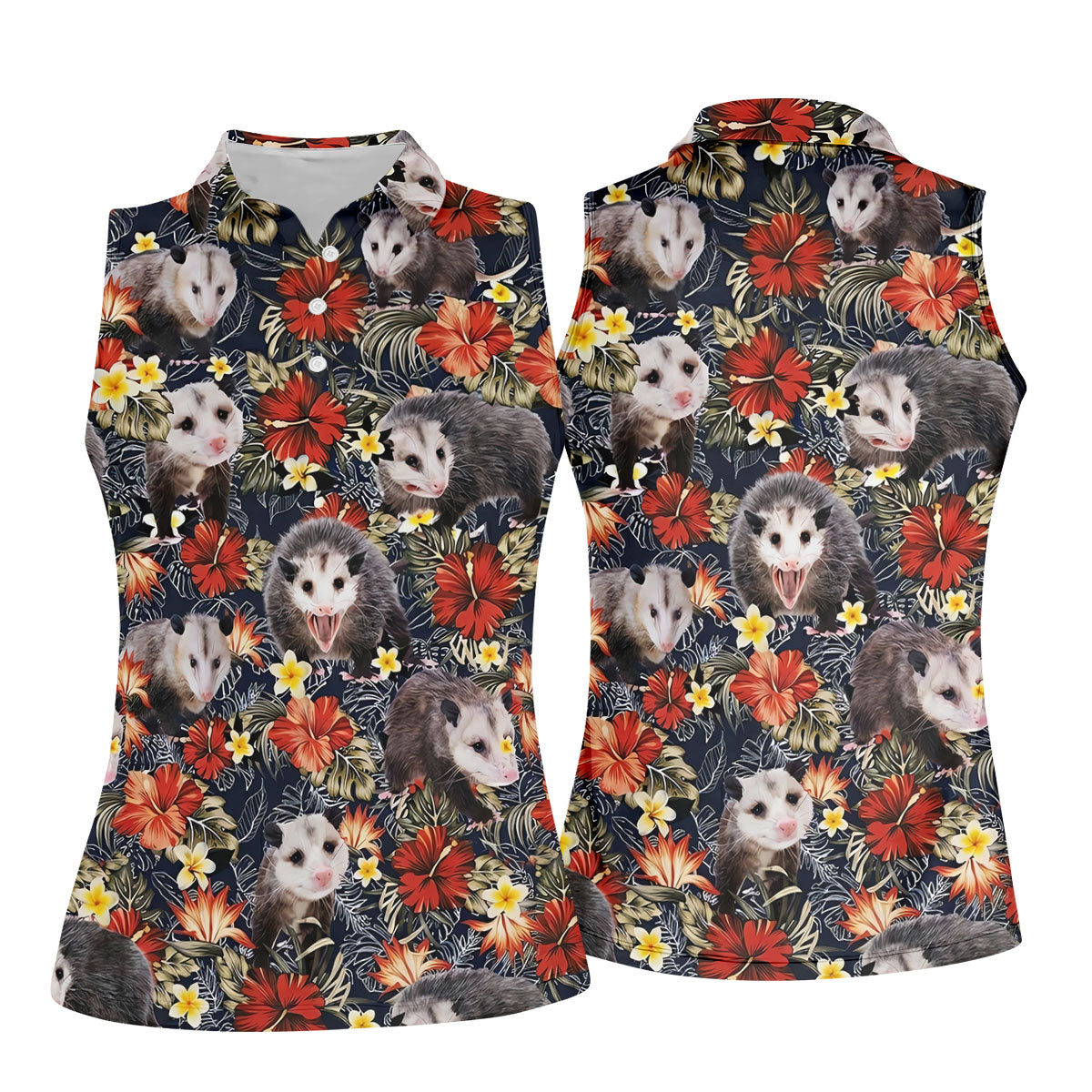 Cute Possums Hibiscus Flowers Golf Polo, Island Foliage Hawaiian Golf Shirt, Golf Tops For Women, Golfing Apparel