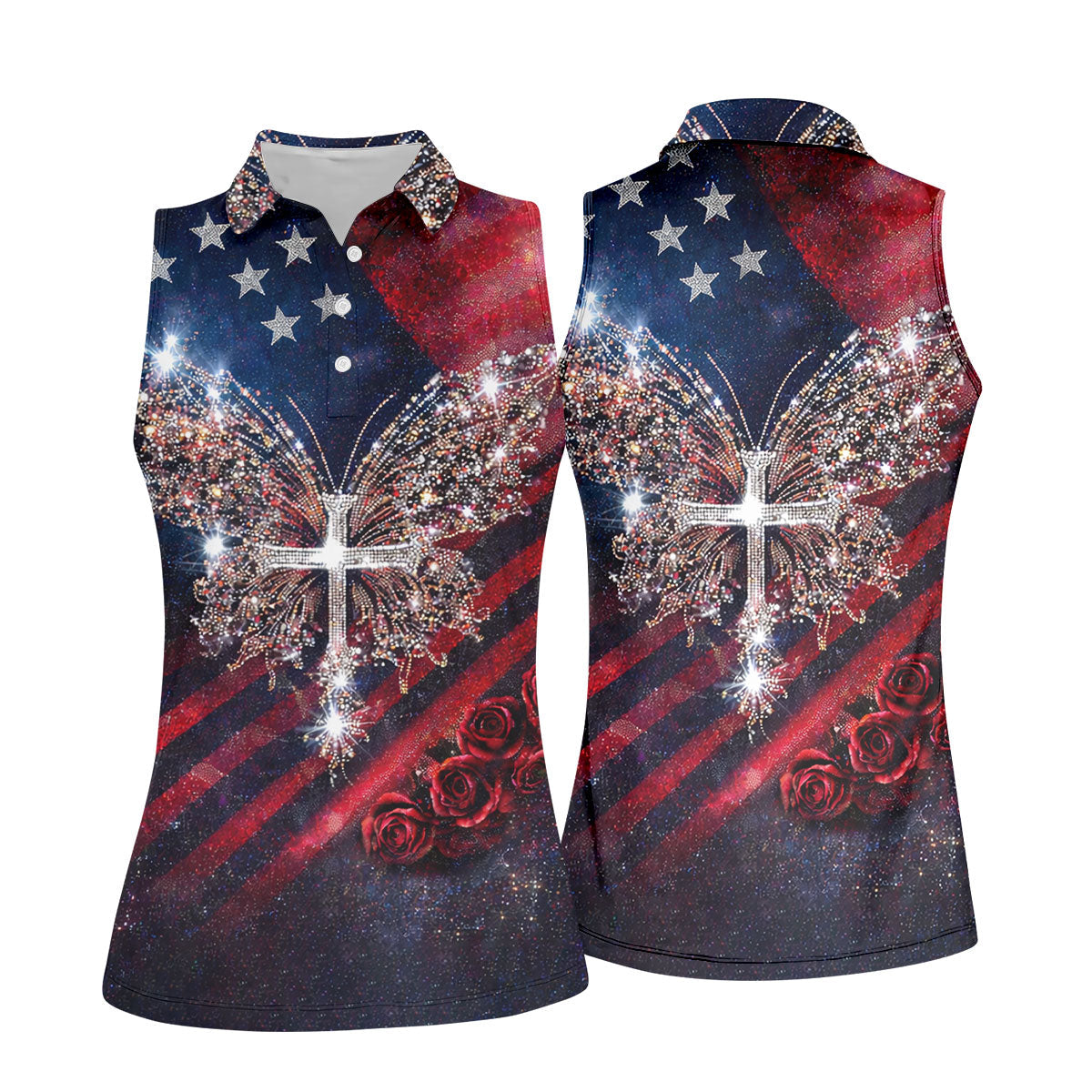 Faith Cross Shimmering Butterfly 250th Anniversary Ladies Golf Tops, Patriotic 4th Of July Golf Shirt For Women