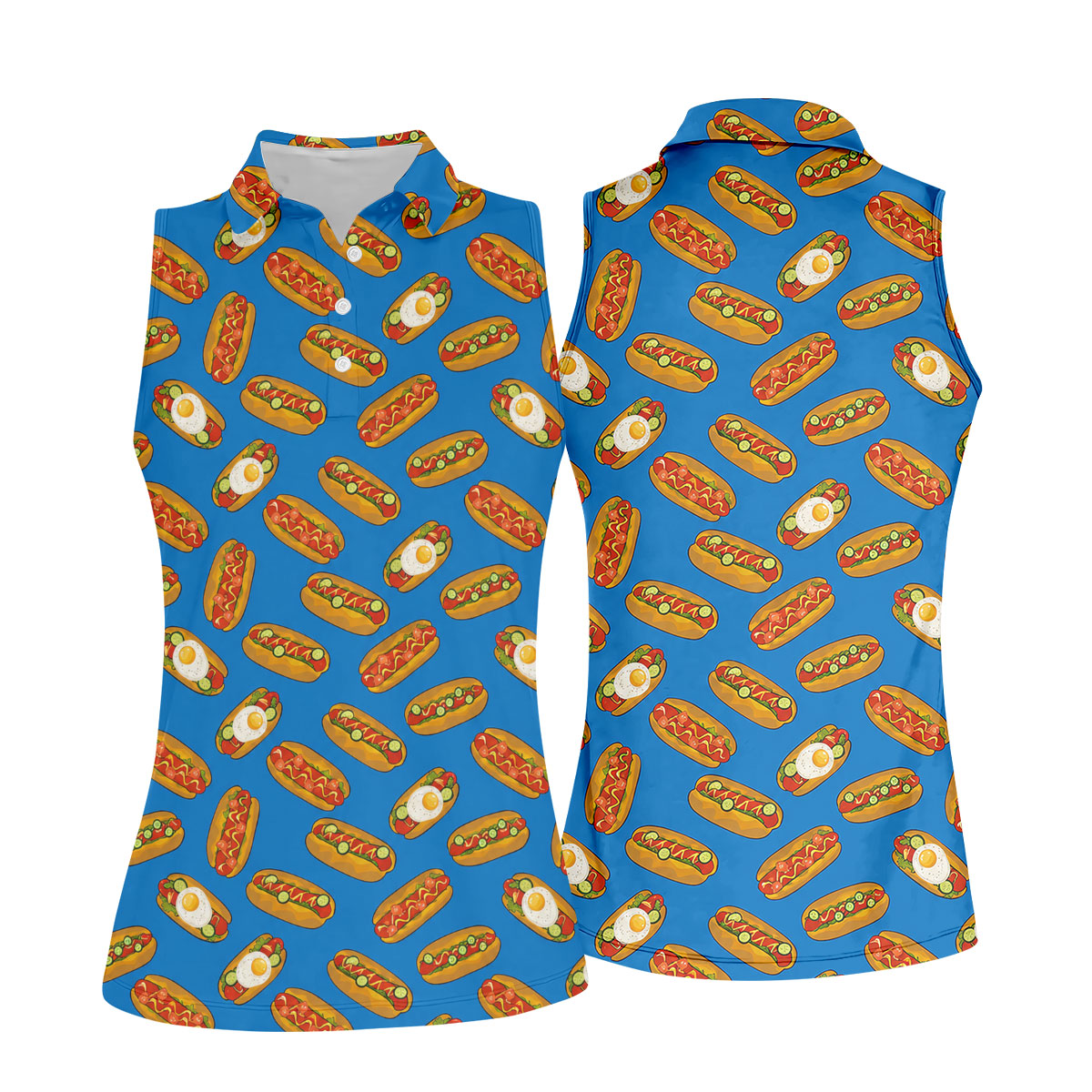 Blue Hot Dog And Fried Egg Pattern Golf Shirt, Hawaiian Golf Shirt, Golf Tops For Women, Printed Golf Shirt