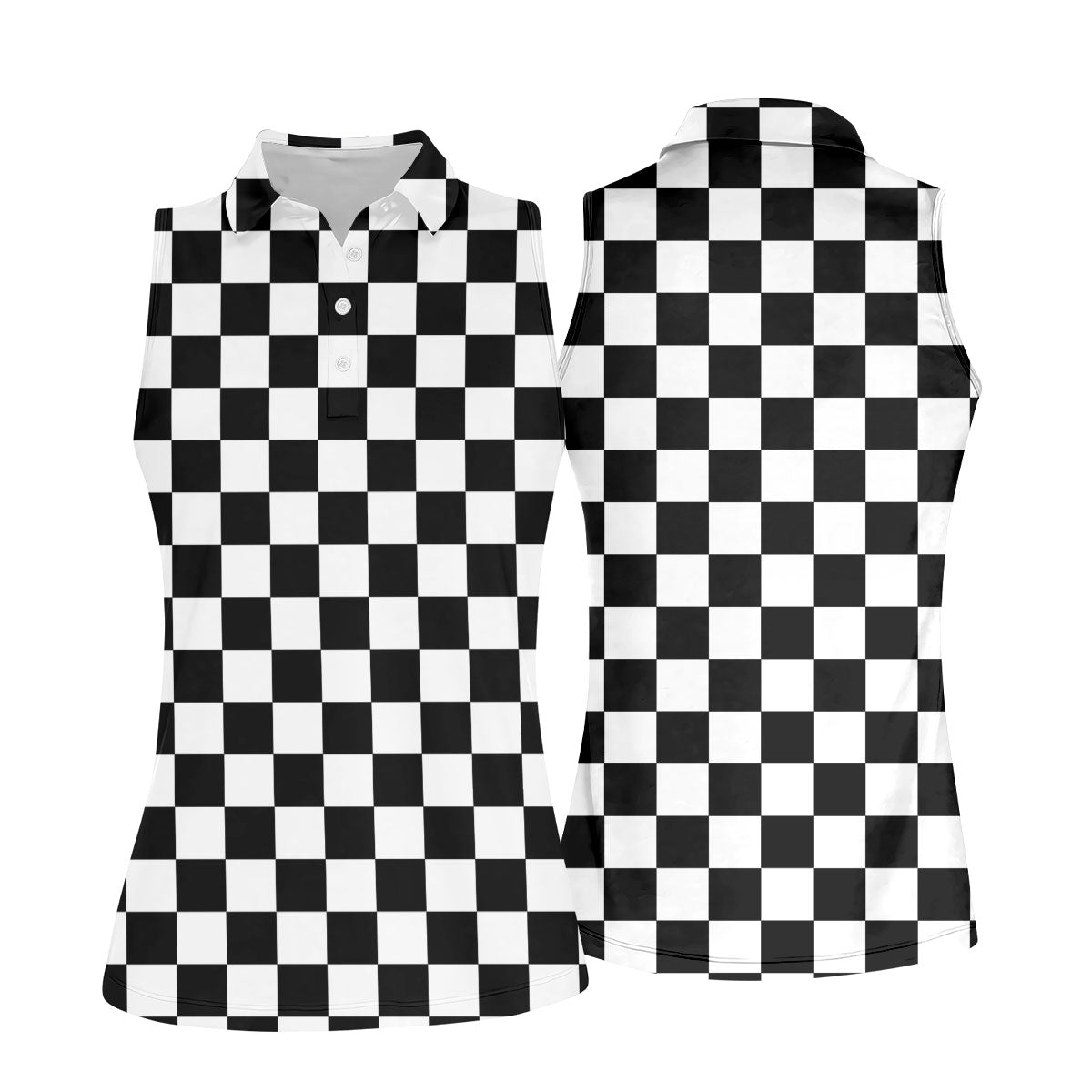 Black White Checkerboard Golf Shirt, Racing Flag Women's Golf Polo, Polo Shirts For Women