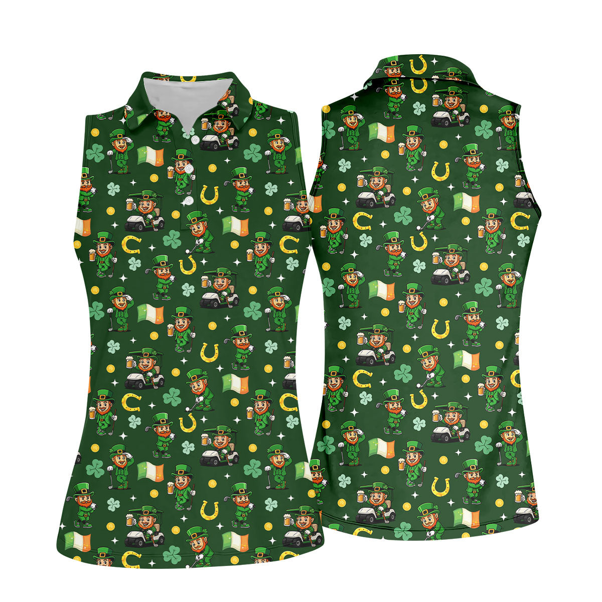 St Patrick's Day Leprechaun Golf Pose Irish Flags Shamrock Golf Shirt, Women's Golf Shirts, Ladies Golf Polos