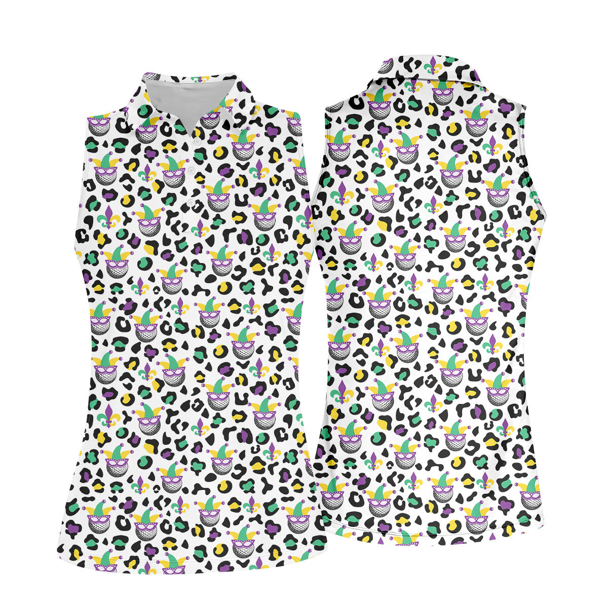 Mardi Gras Mask Leopard Spots Funny Golf Ball Women's Golf Tops, Fun Women's Golf Shirts, Ladies Golf Polos