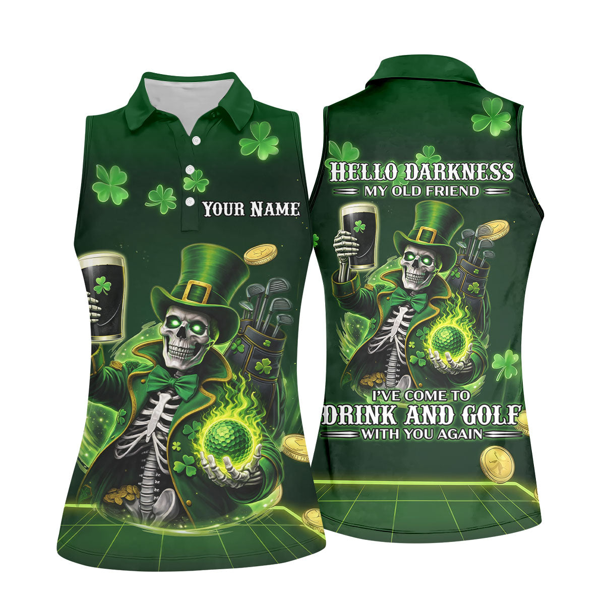 Irish Skull Leprechaun Hat Dark Beer Green St Patrick's Day Women's Golf Tops, Ladies Golf Polos